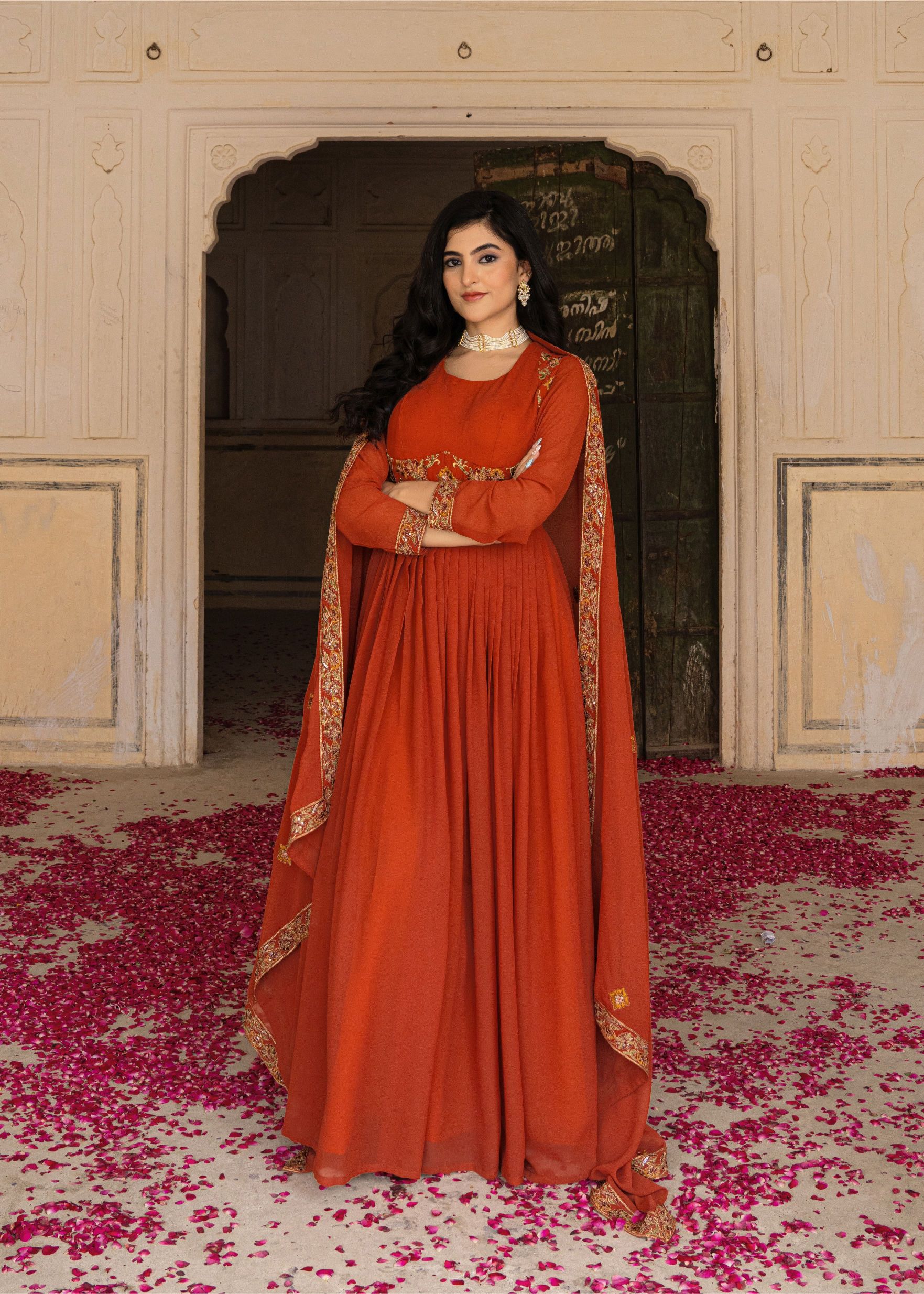 Orange Georgette Embroidered Gown