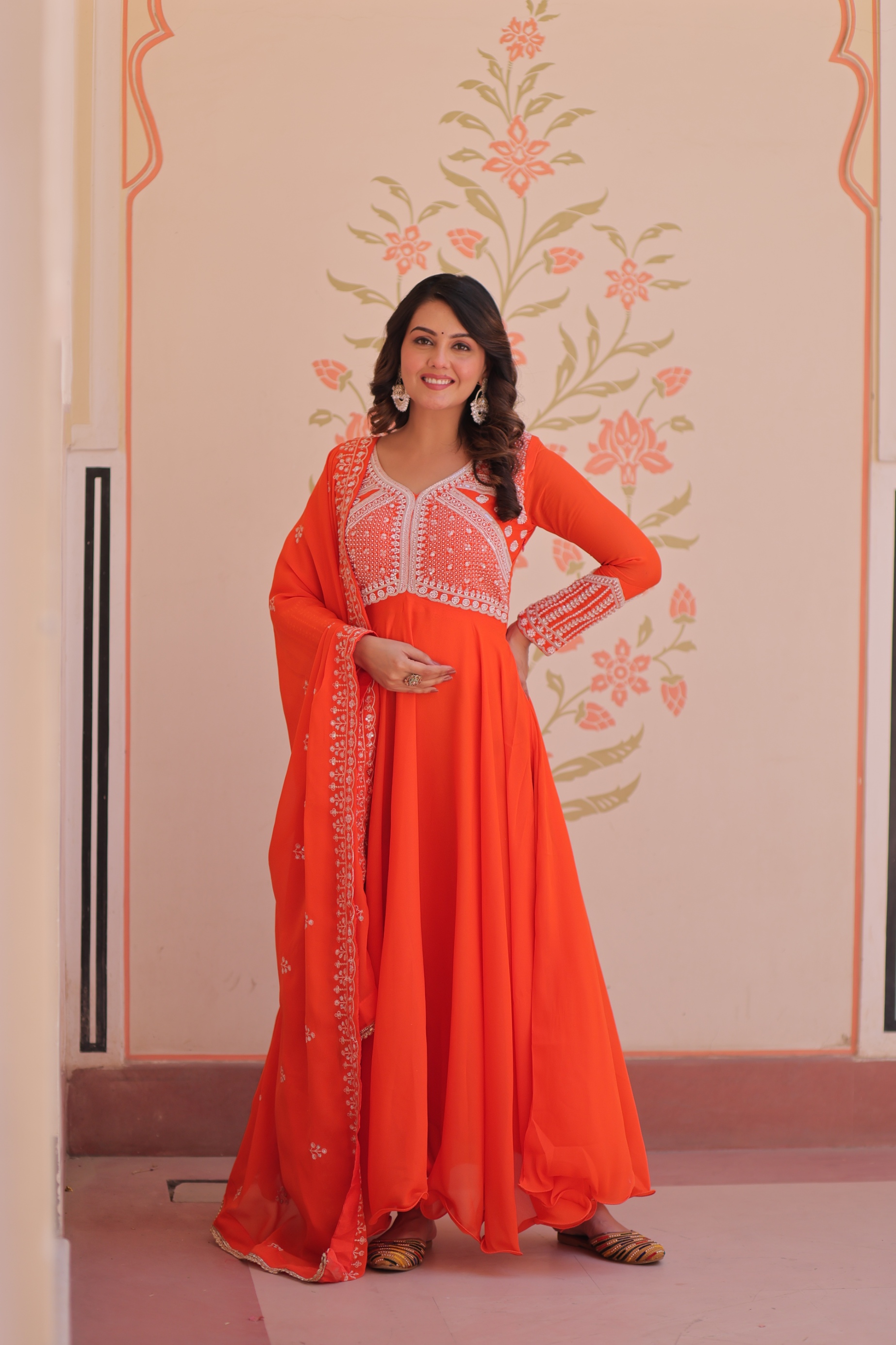 Orange Georgette Floral Sequin Embroidered Anarkali Gown