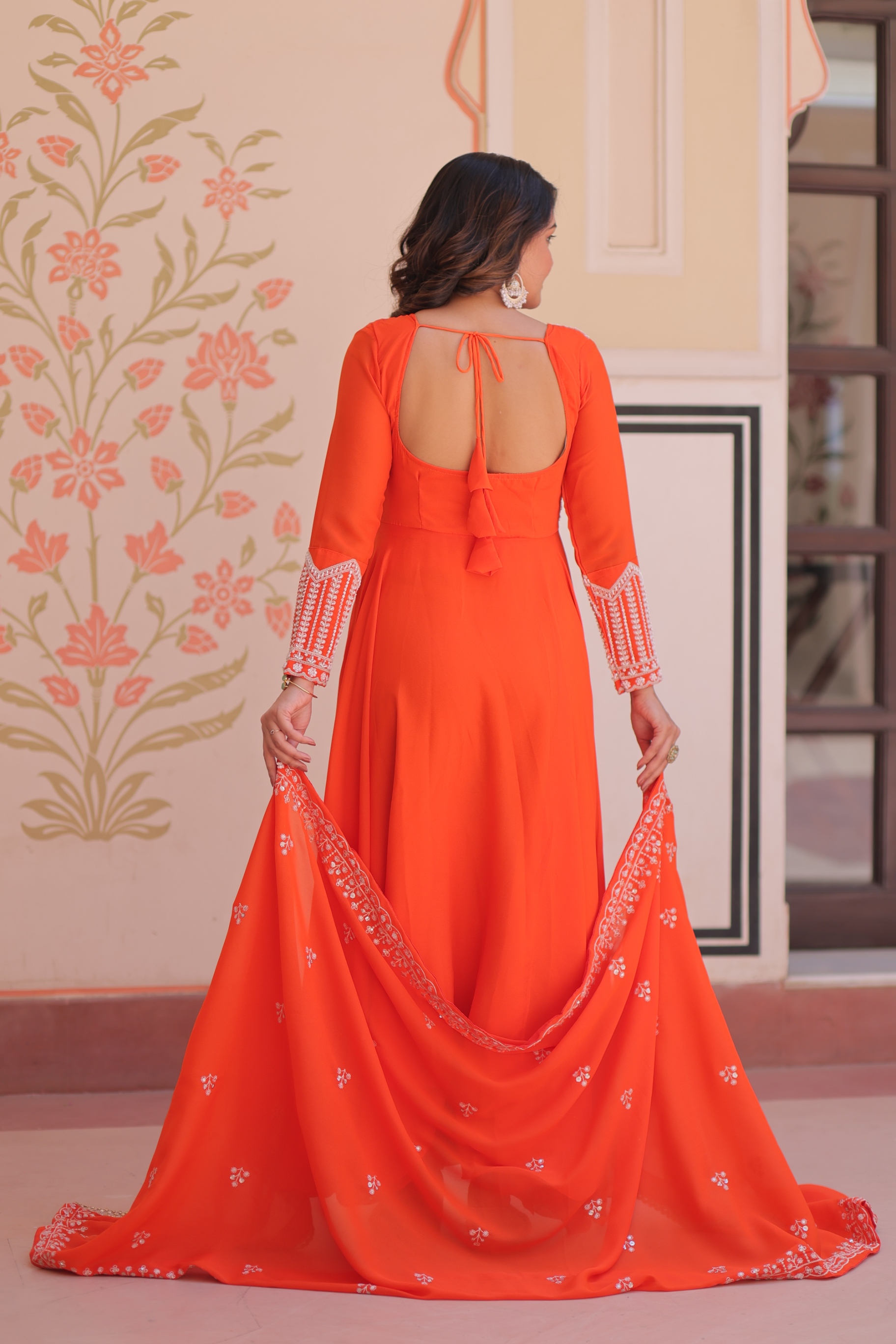 Orange Georgette Floral Sequin Embroidered Anarkali Gown — alternate view