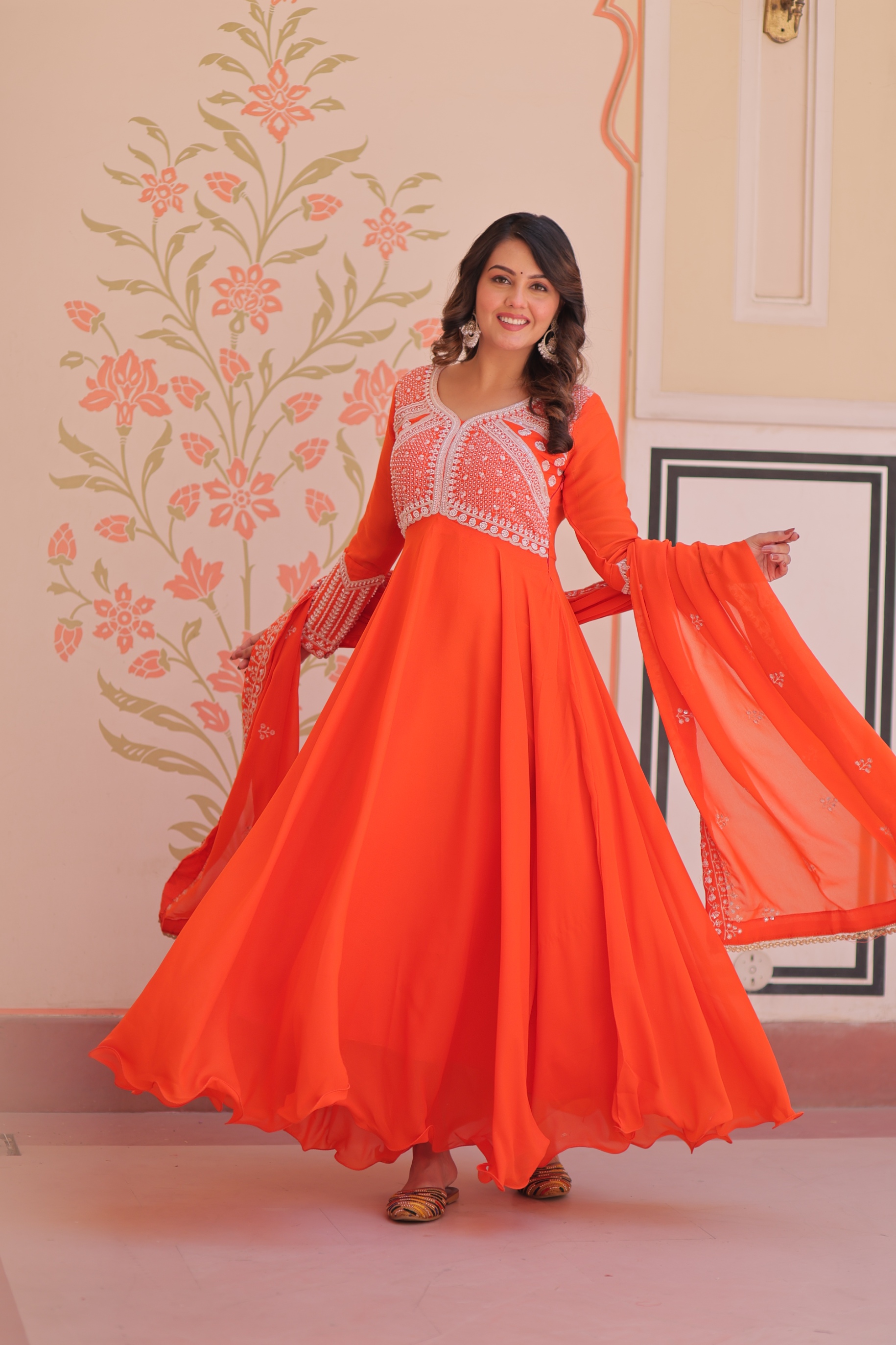 Orange Georgette Floral Sequin Embroidered Anarkali Gown