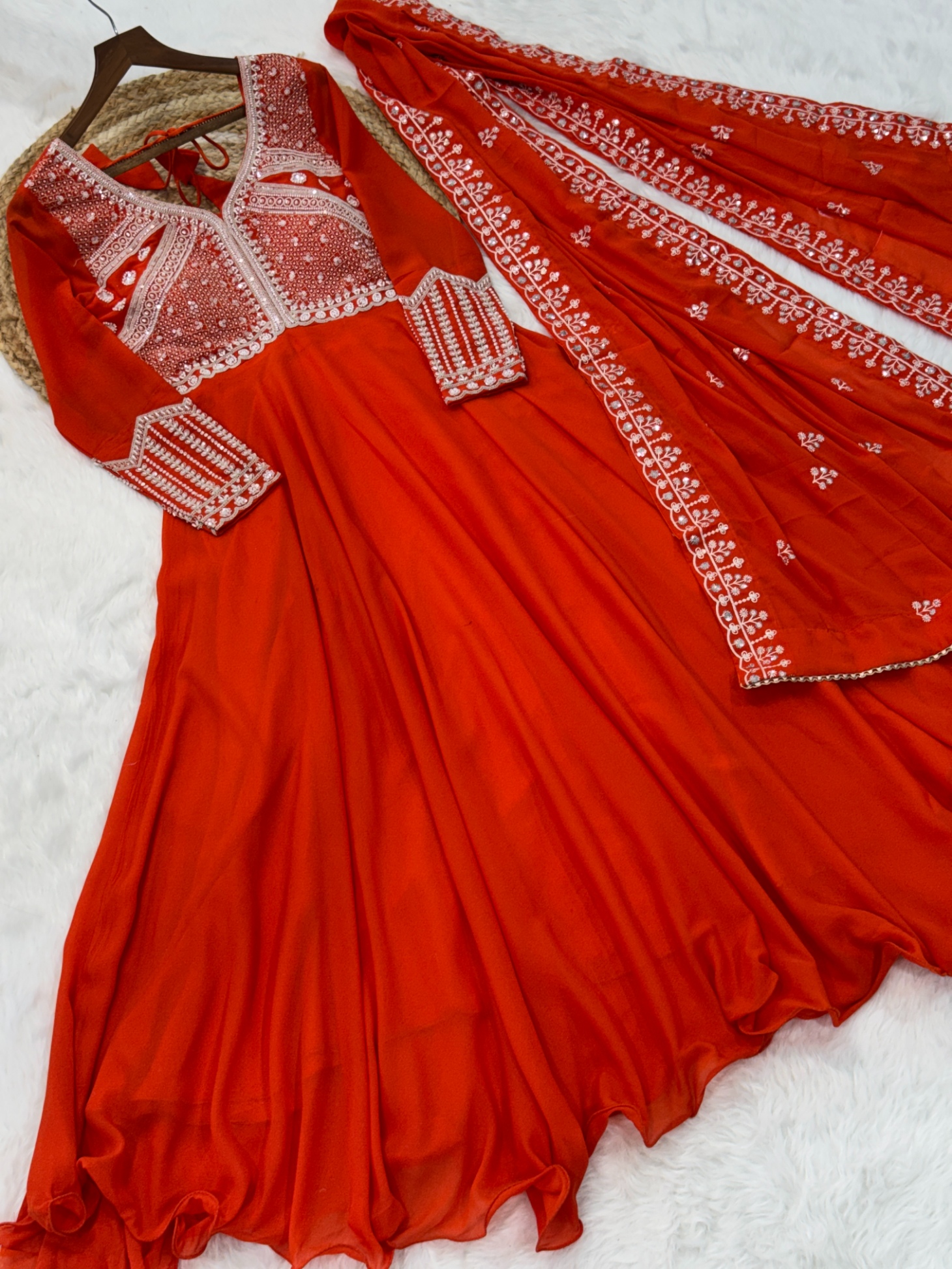 Orange Georgette Floral Sequin Embroidered Anarkali Gown