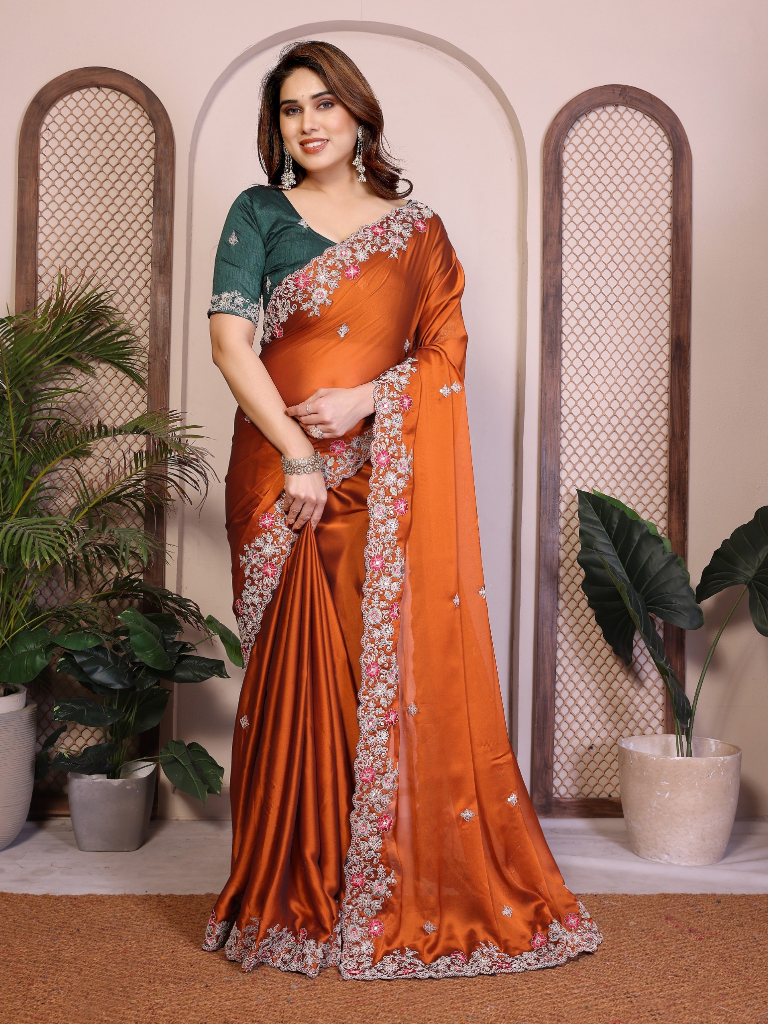 Orange Green Embroidered Rangoli Saree