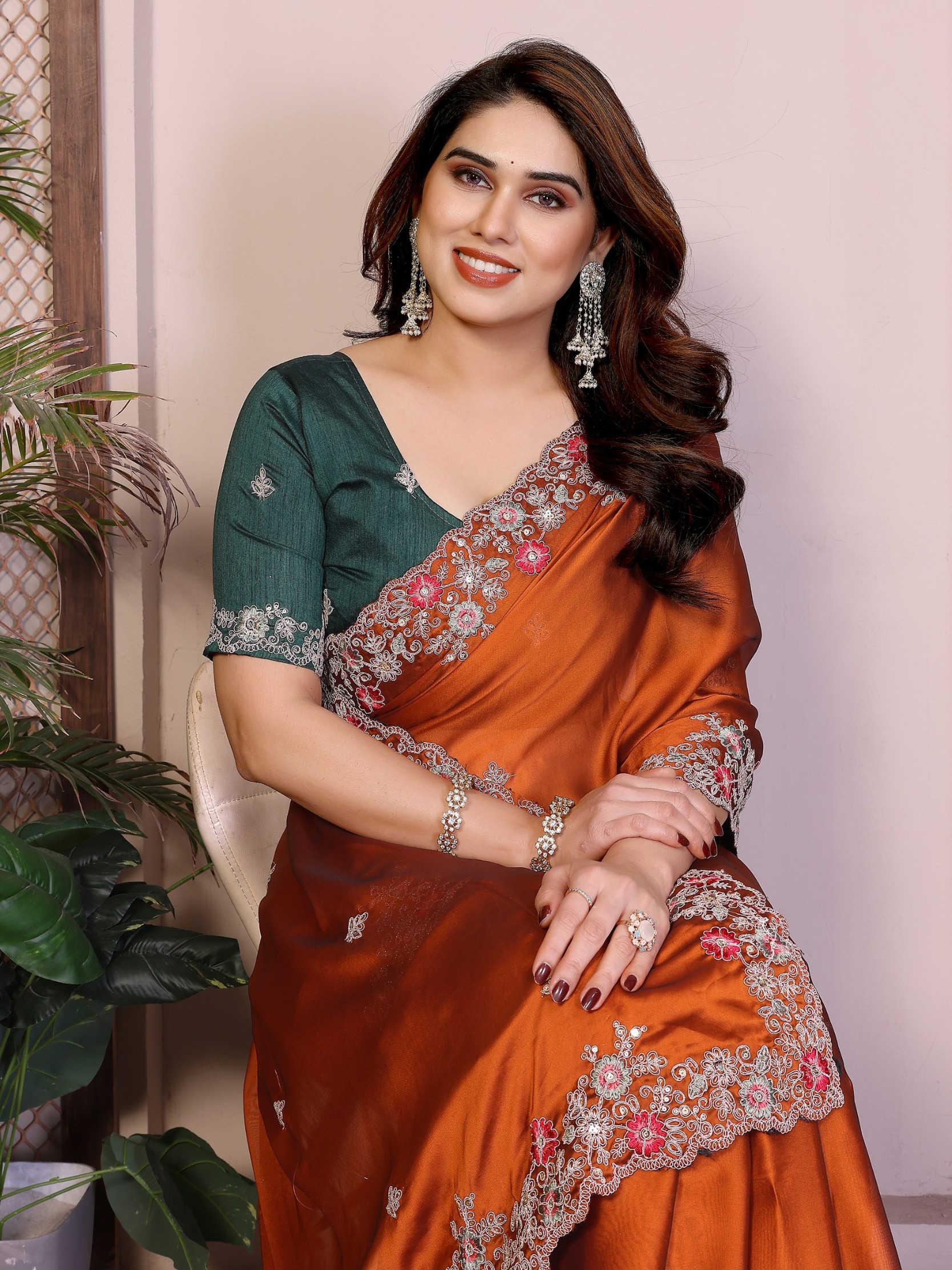 Orange Green Embroidered Rangoli Saree — alternate view