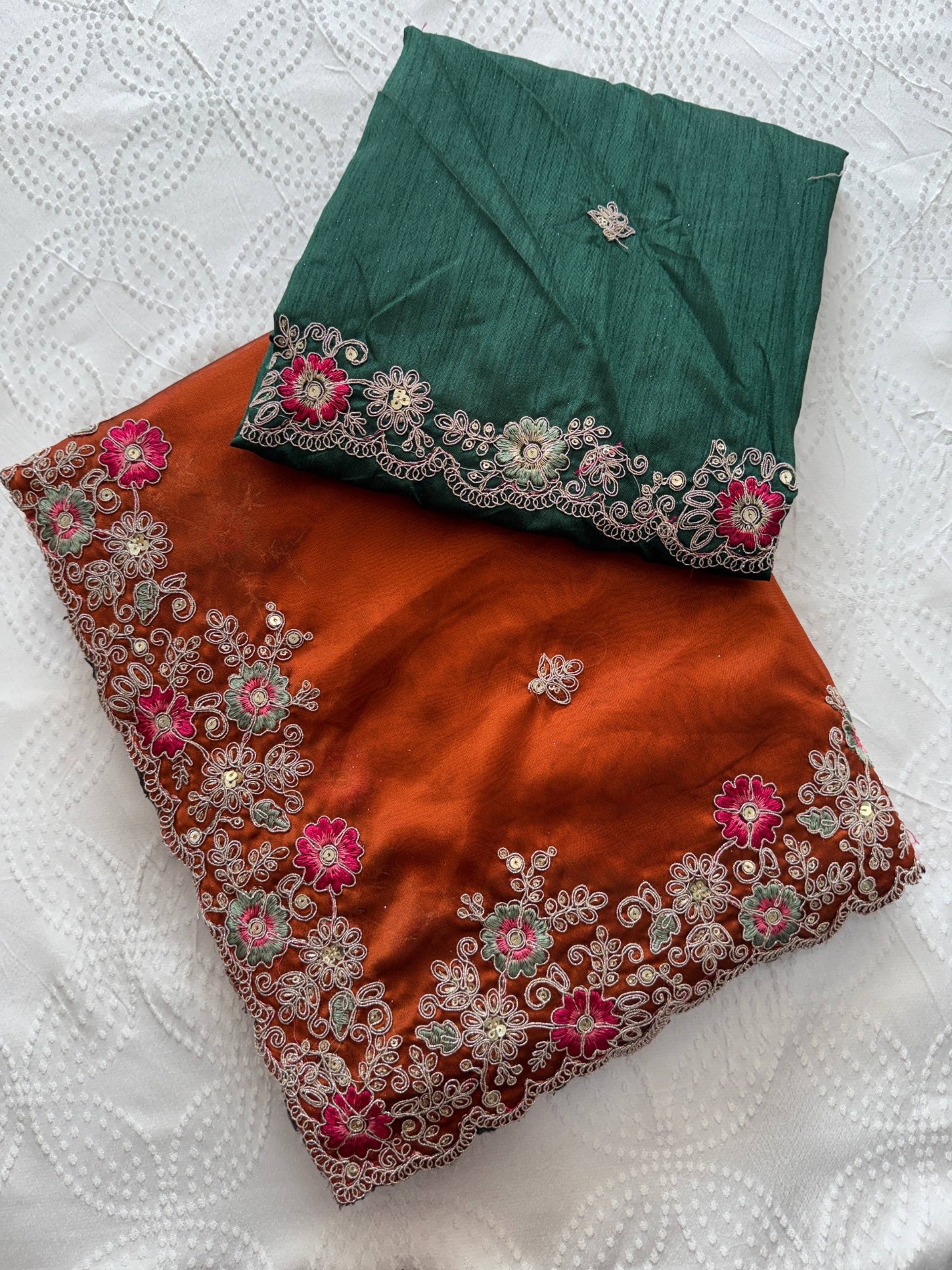 Orange Green Embroidered Rangoli Saree