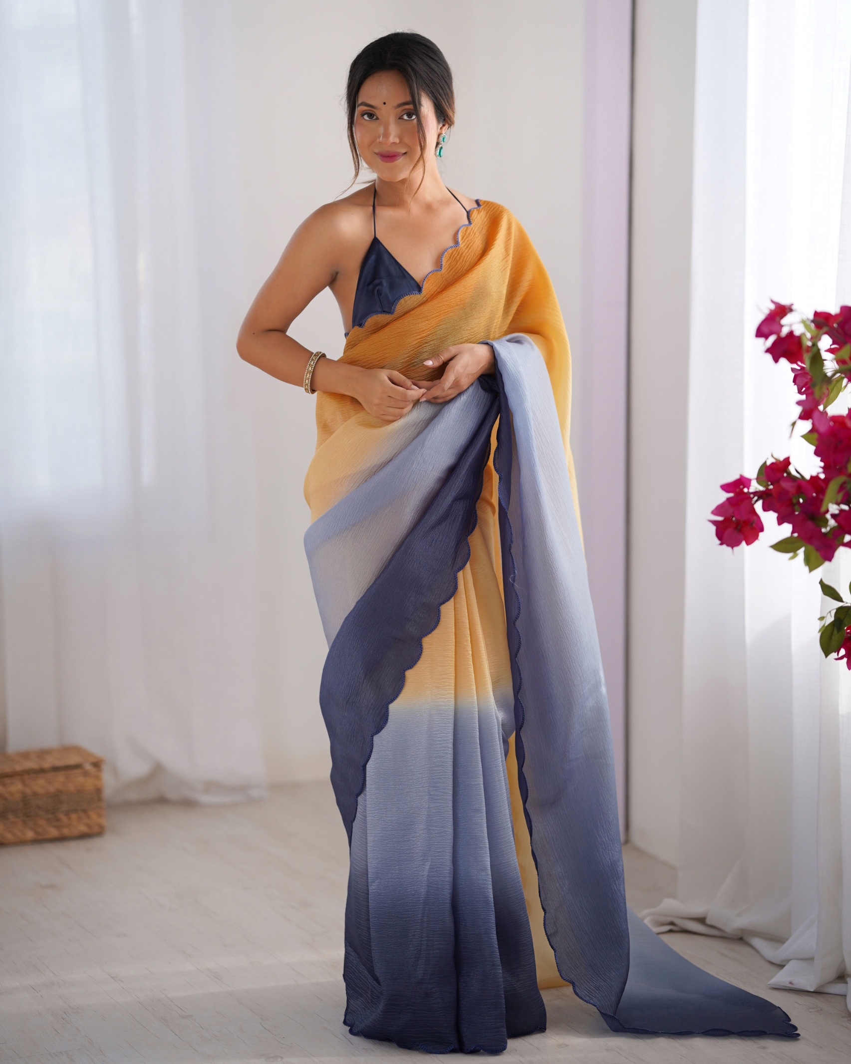 Orange-Grey Ombre Woven Crunchy Saree