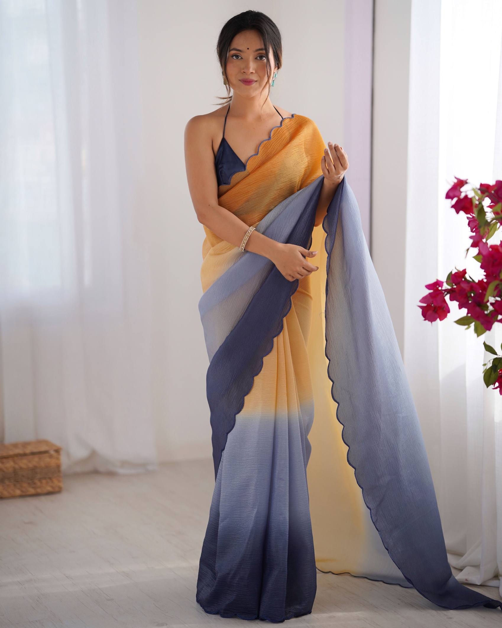 Orange-Grey Ombre Woven Crunchy Saree