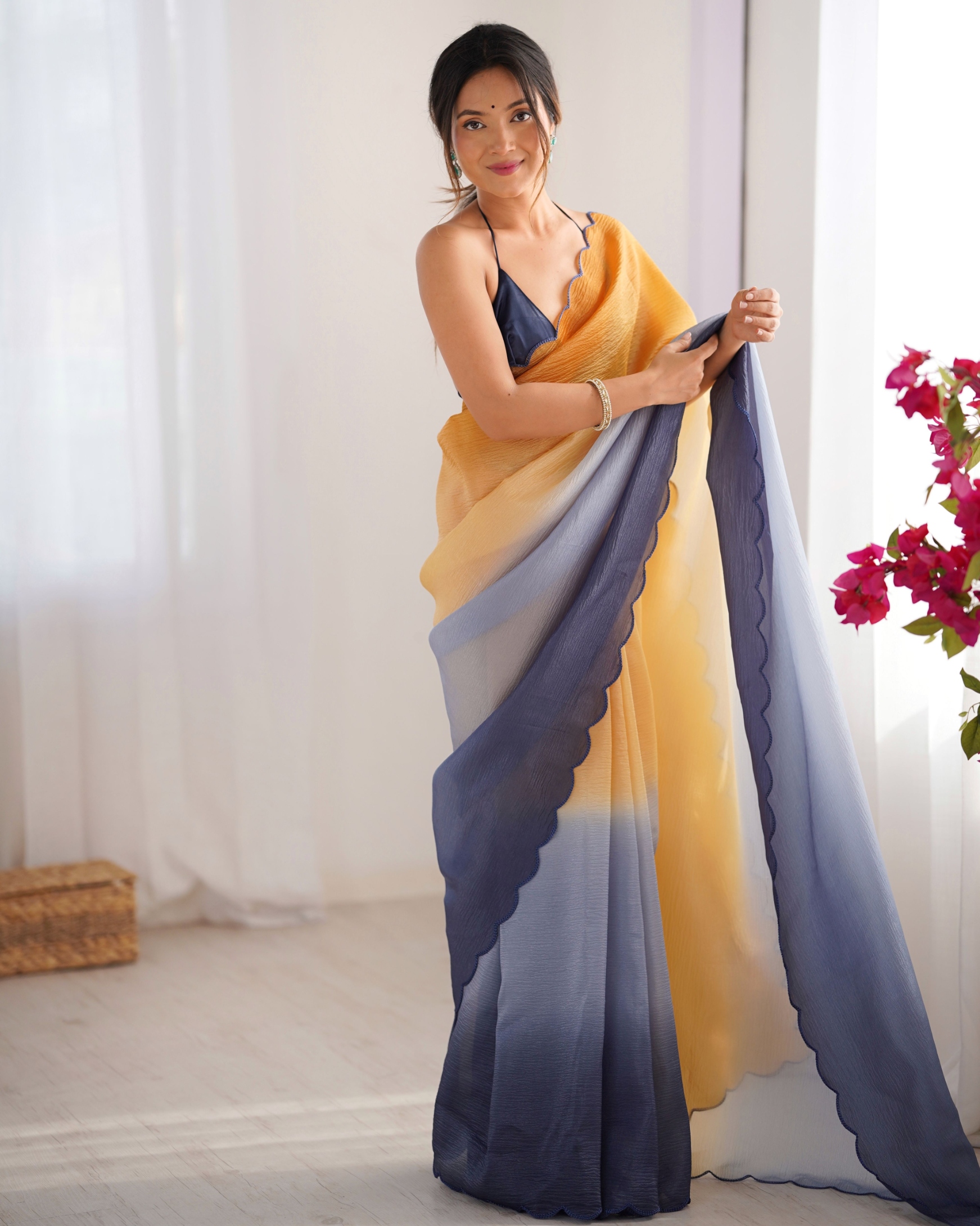 Orange-Grey Ombre Woven Crunchy Saree