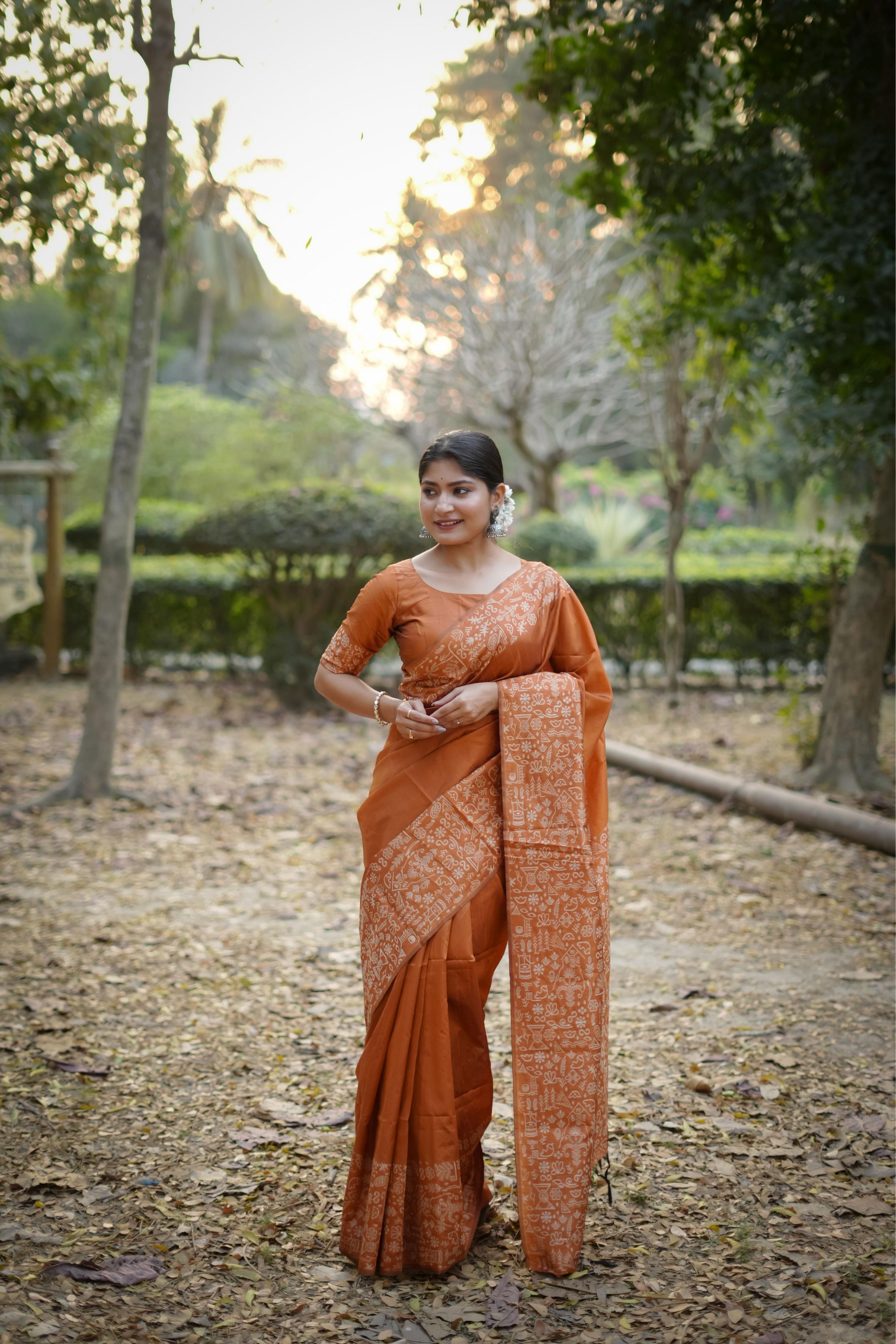 Orange Handloom Raw Silk Saree