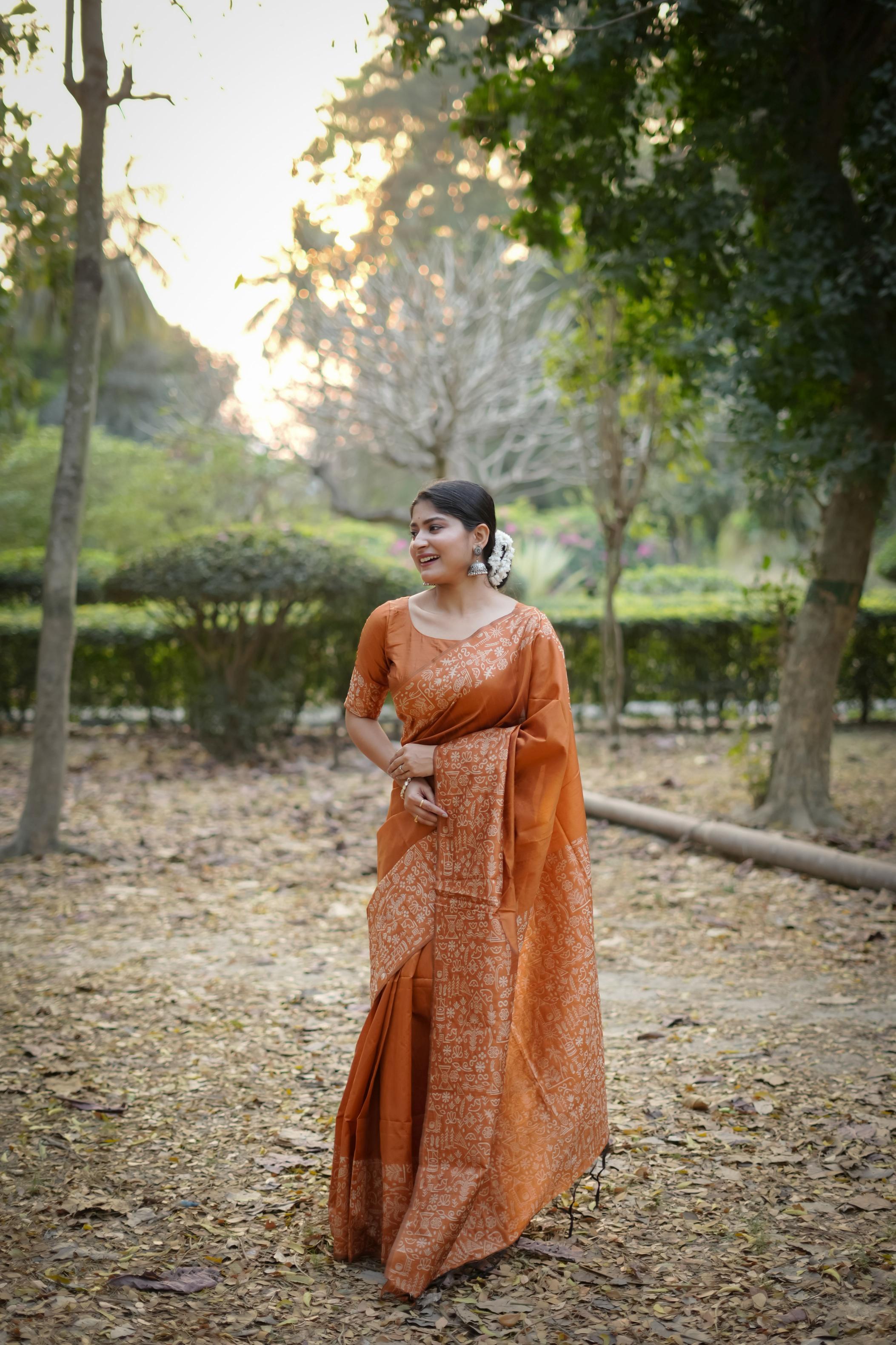 Orange Handloom Raw Silk Saree