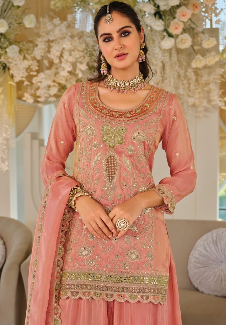 Orange Heavy Designer Embroidery Silk Designer Palazzo Suit — alternate view