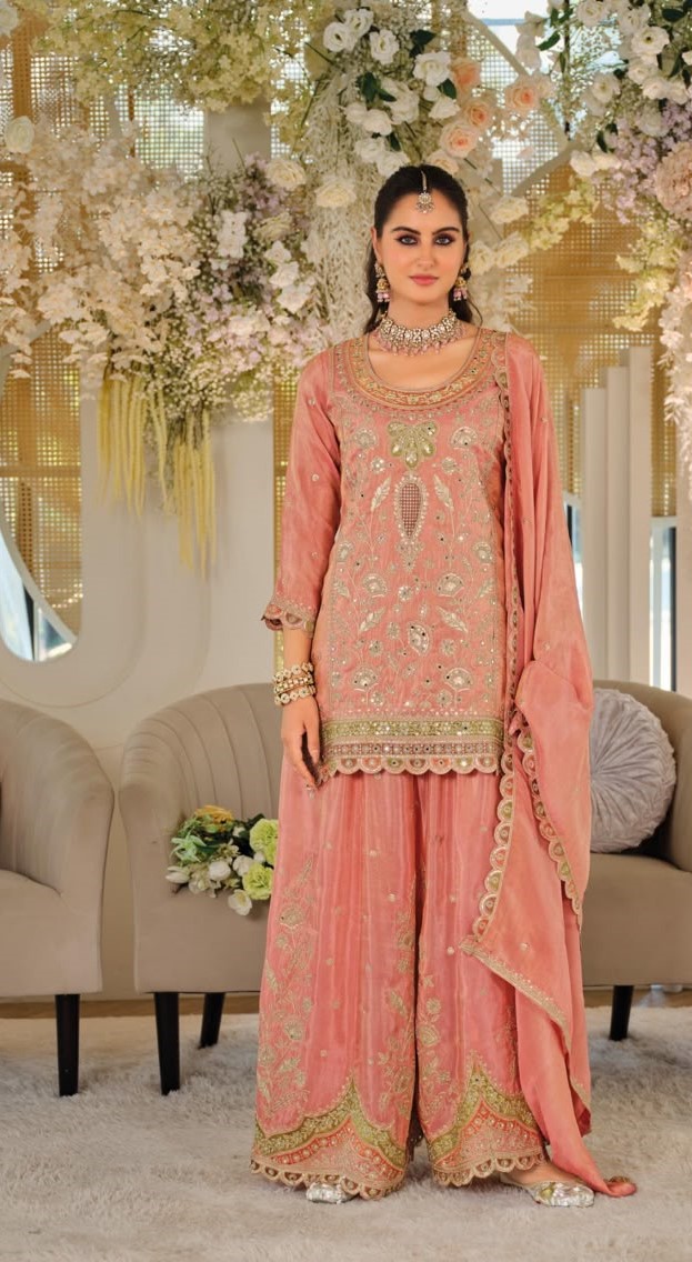 Orange Heavy Designer Embroidery Silk Designer Palazzo Suit