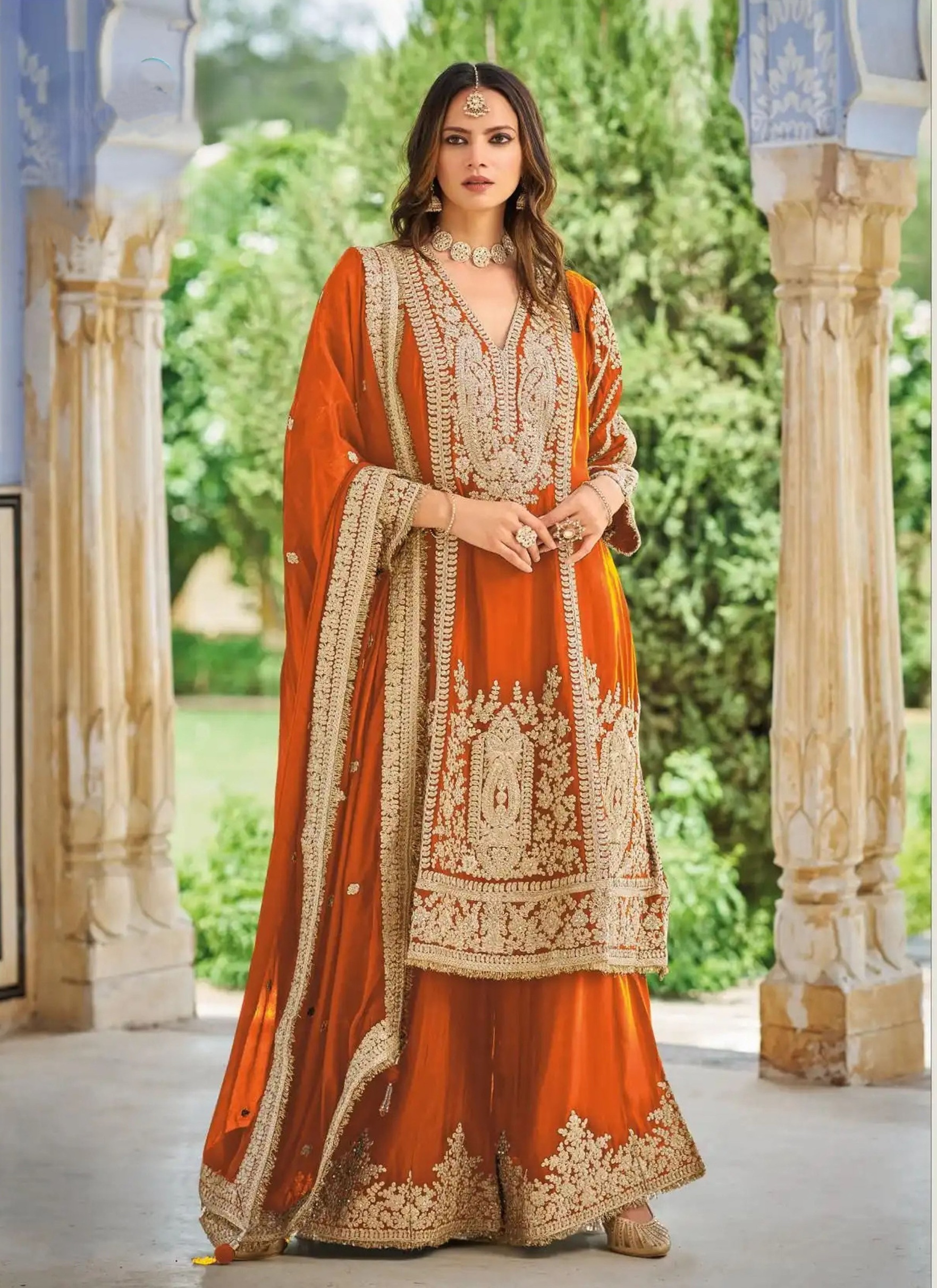 Orange Heavy Embroidery Chinon Palazzo Suit
