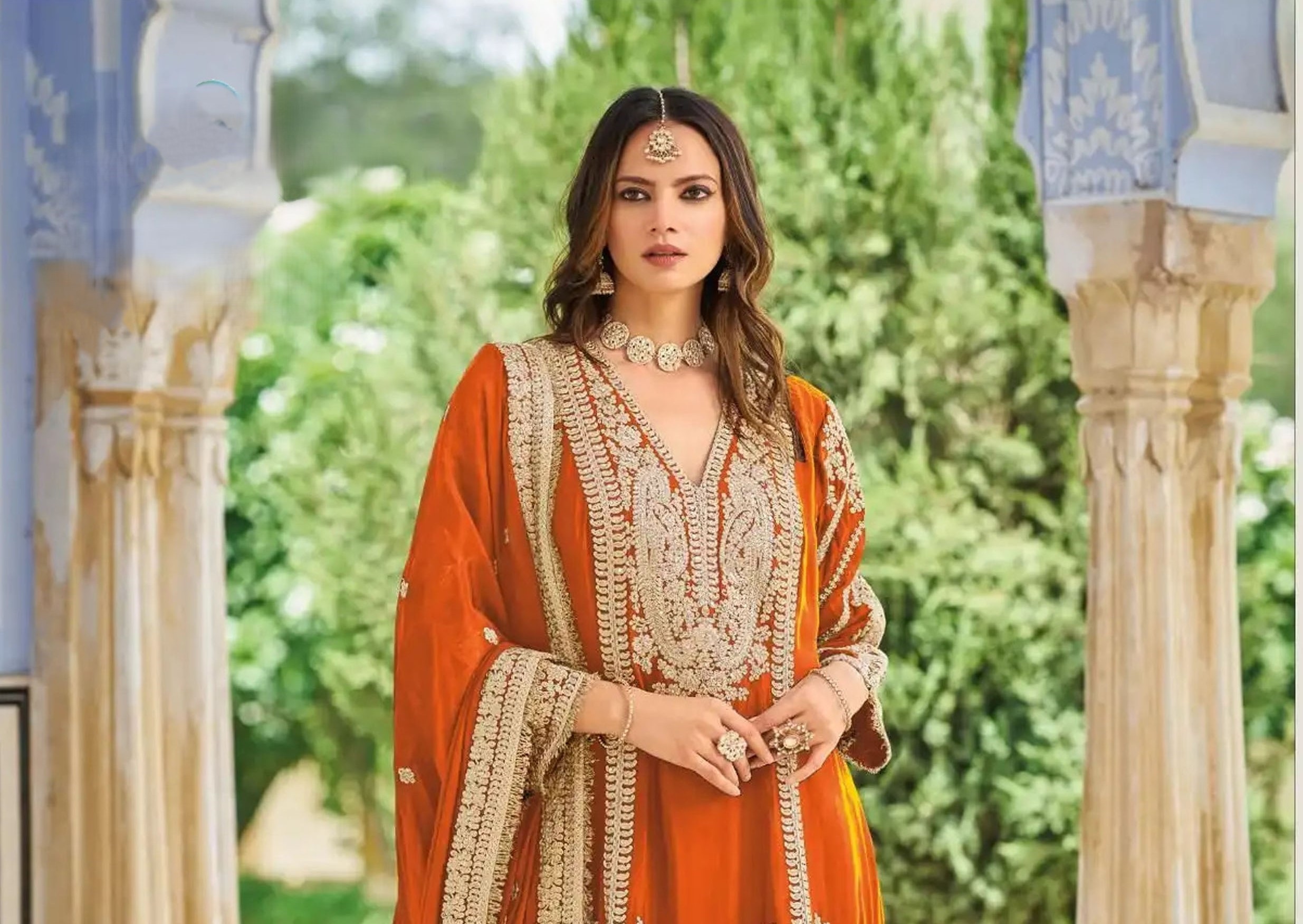 Orange Heavy Embroidery Chinon Palazzo Suit — alternate view
