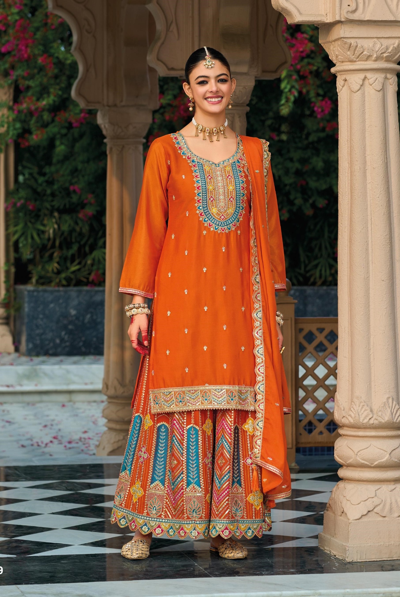 Orange Heavy Embroidery Chinon Palazzo Suit