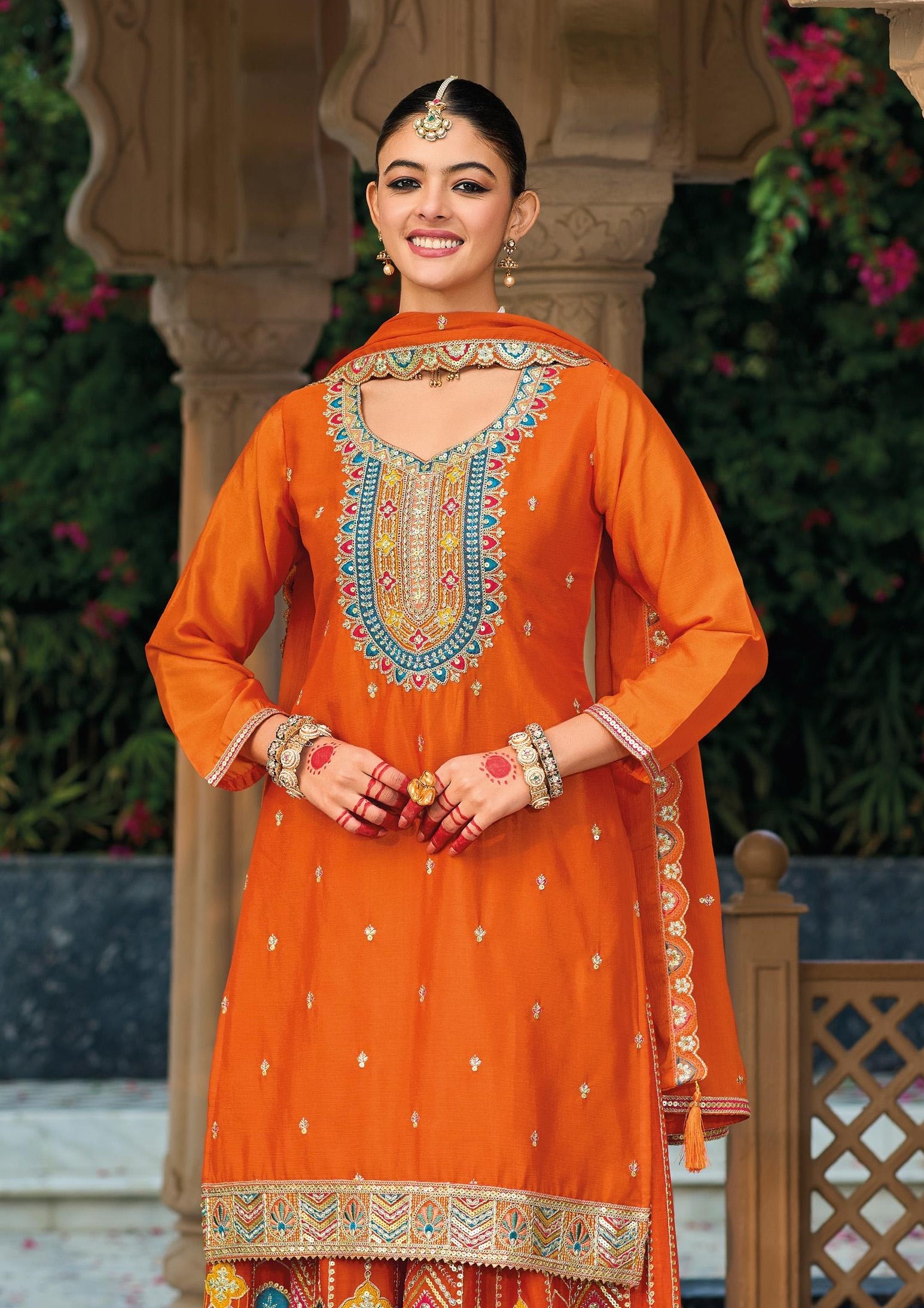 Orange Heavy Embroidery Chinon Palazzo Suit