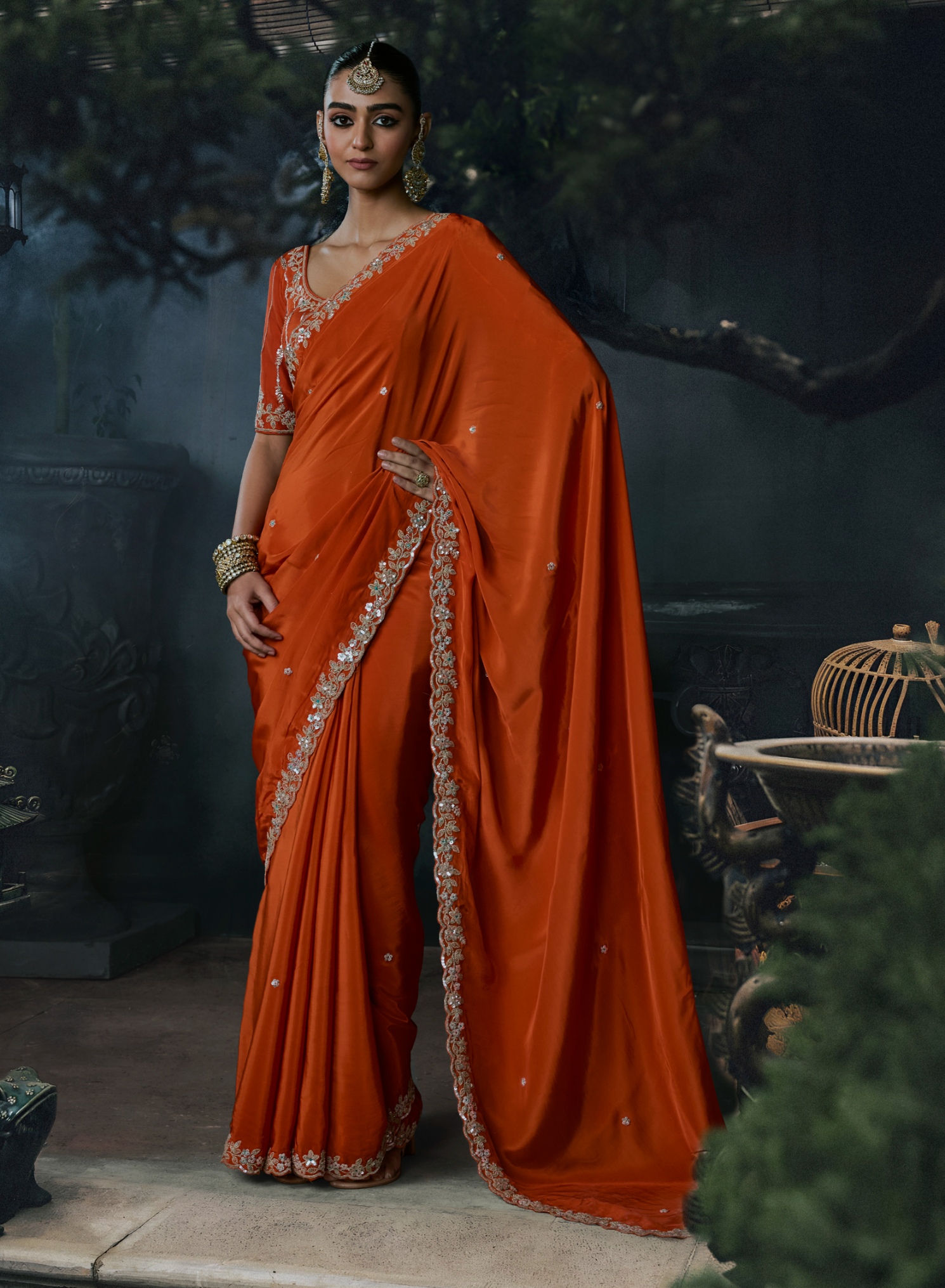 Orange Heavy Thread Embroidery Tissue Silk Saree