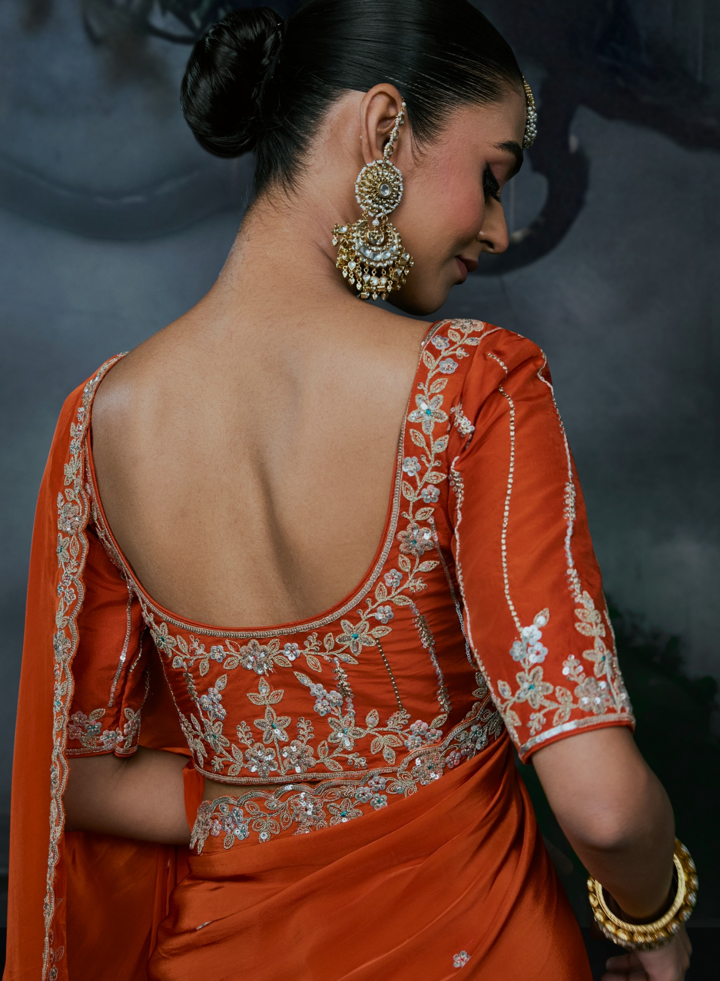 Orange Heavy Thread Embroidery Tissue Silk Saree — alternate view