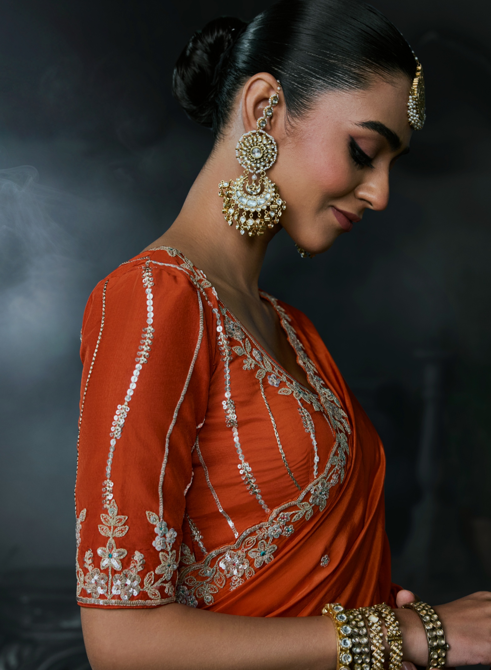 Orange Heavy Thread Embroidery Tissue Silk Saree