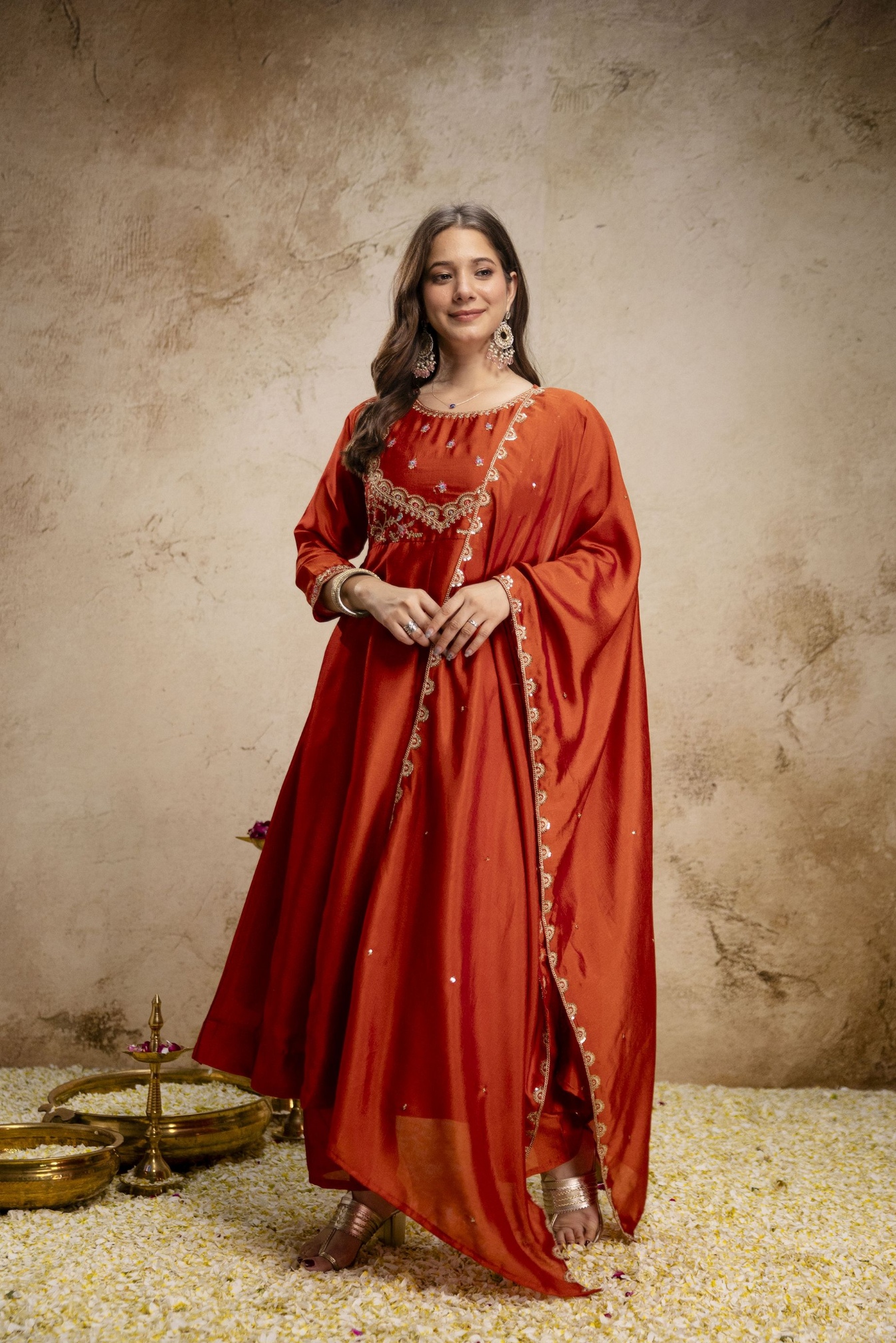Orange Heritage Embroidered Vichitra Silk Anarkali Suit