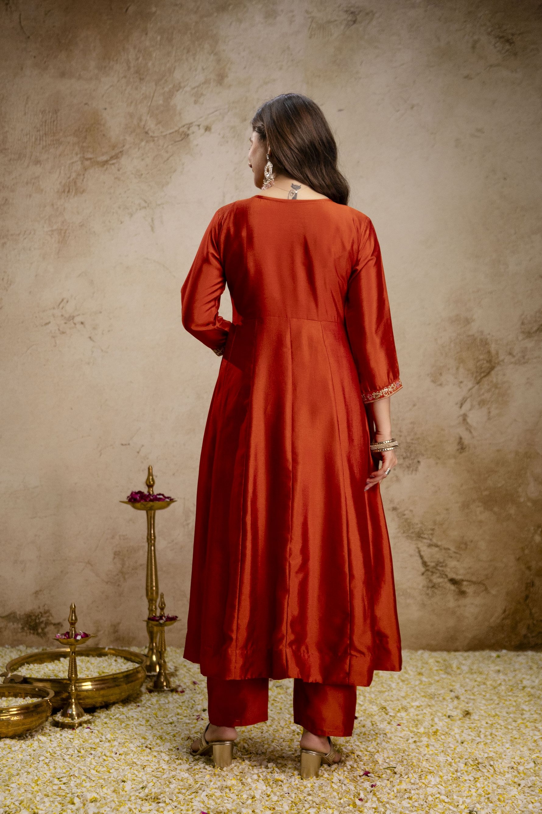 Orange Heritage Embroidered Vichitra Silk Anarkali Suit — alternate view