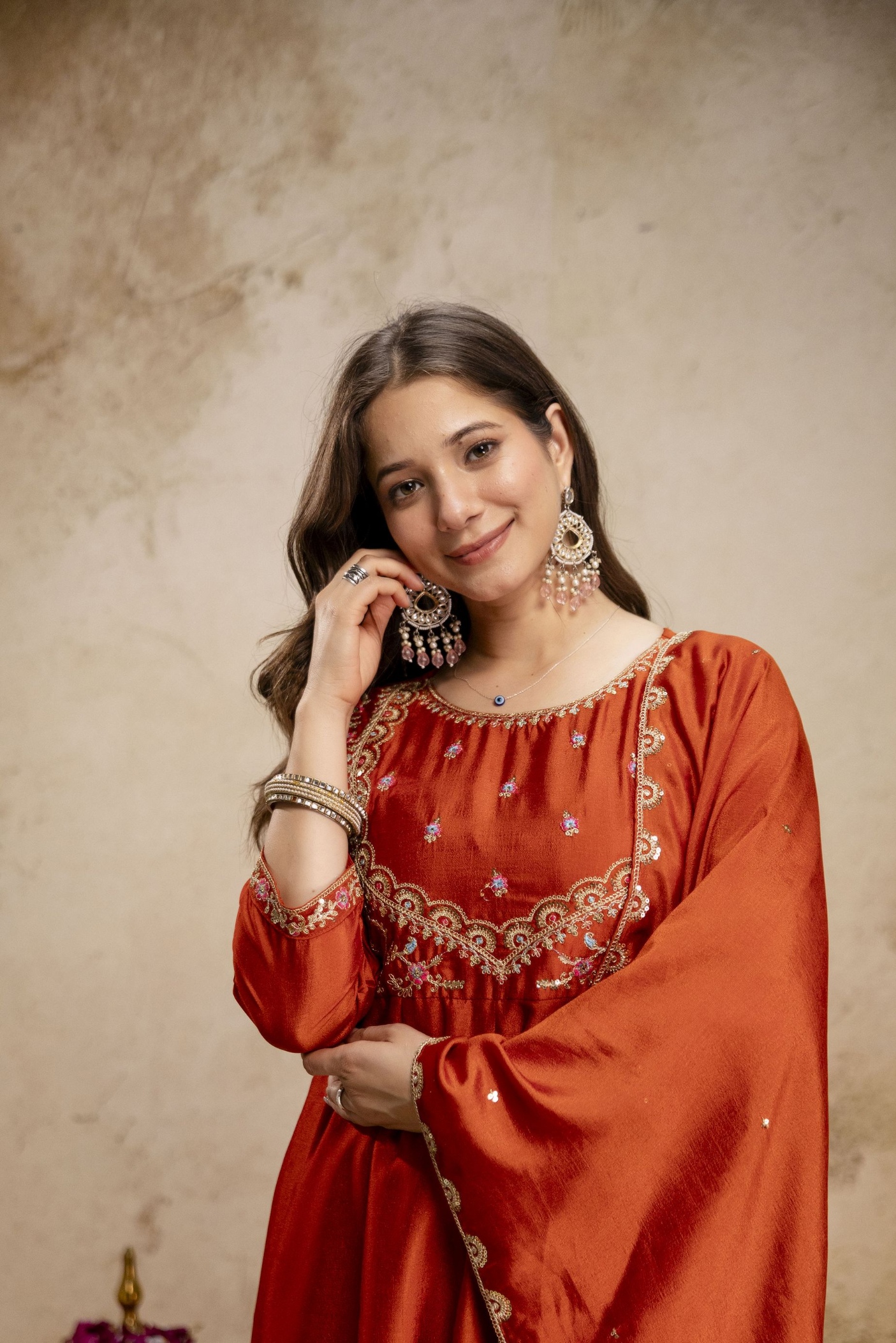 Orange Heritage Embroidered Vichitra Silk Anarkali Suit