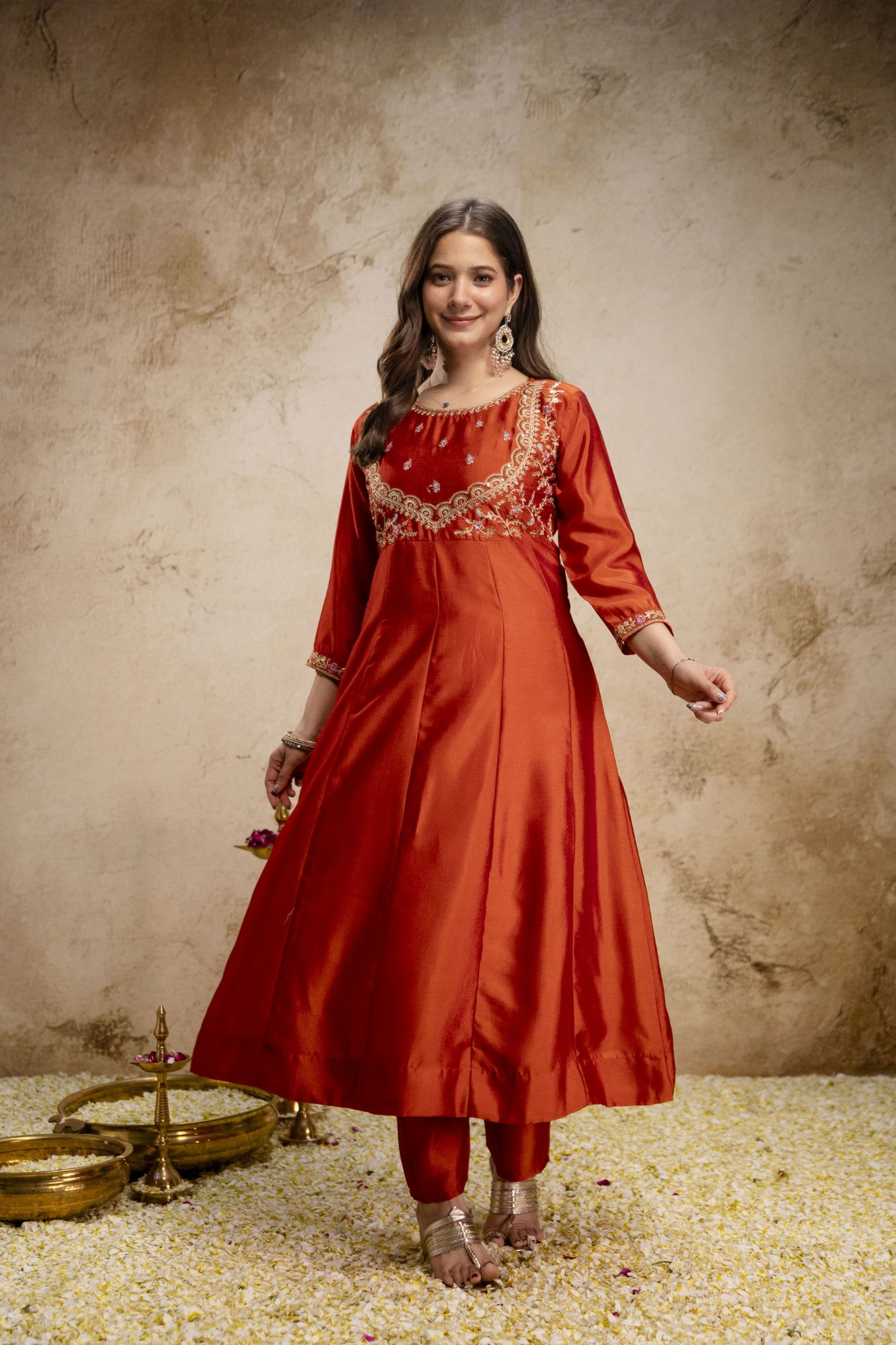 Orange Heritage Embroidered Vichitra Silk Anarkali Suit