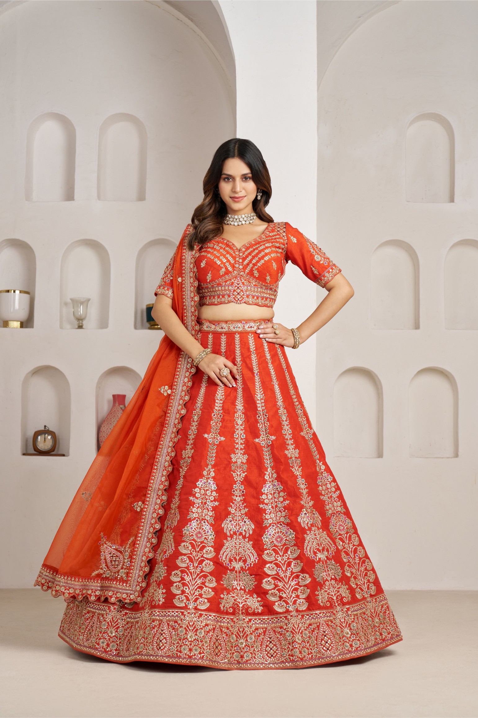 Orange Heritage Embroidery Silk Panelled Lehenga Choli