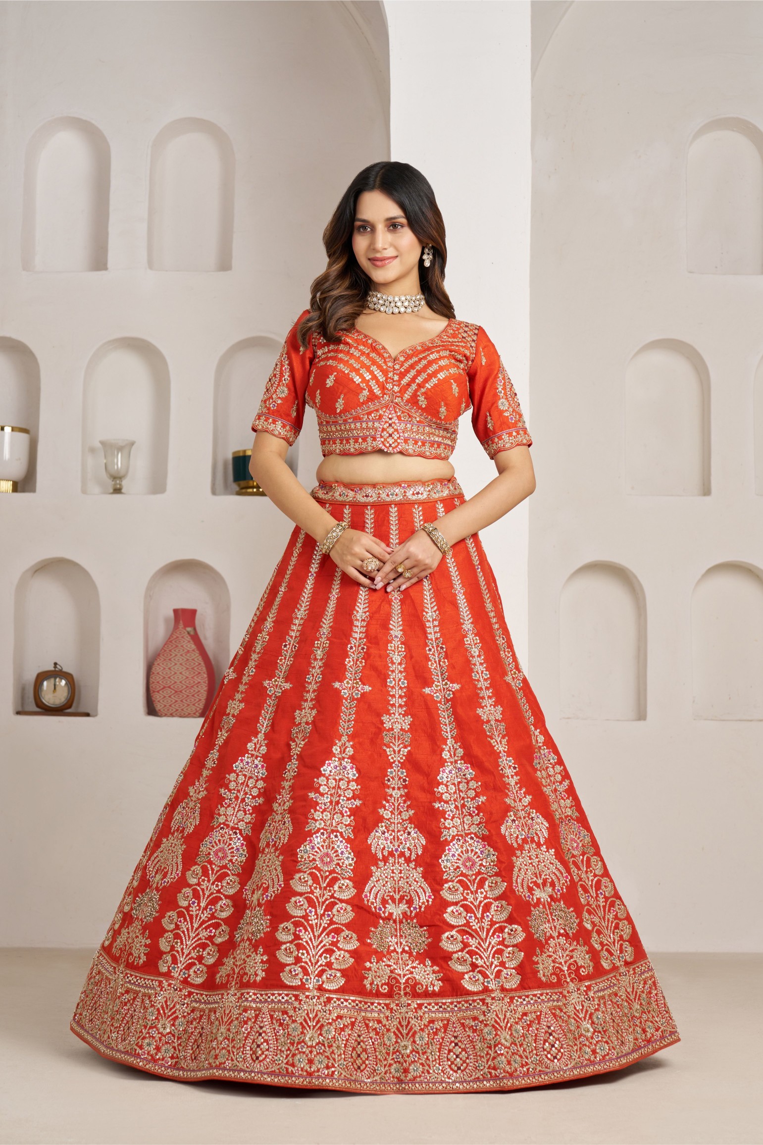 Orange Heritage Embroidery Silk Panelled Lehenga Choli