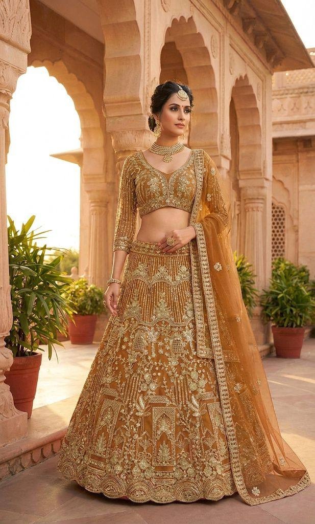 Orange Heritage Motif Sequins Soft Net Lehenga Choli