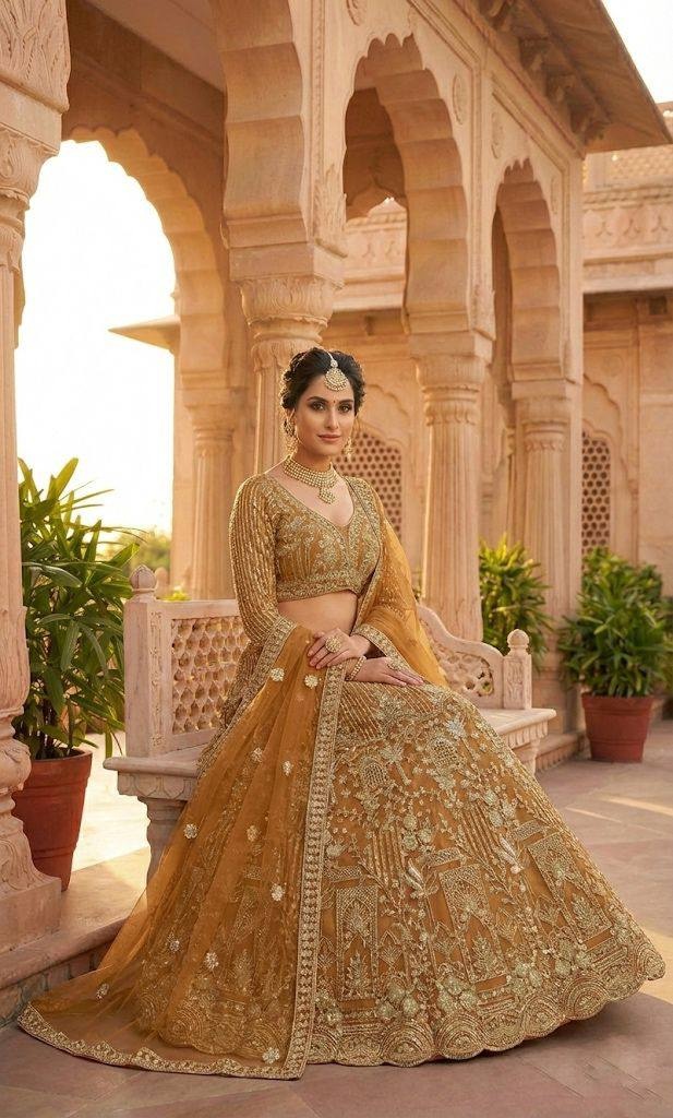 Orange Heritage Motif Sequins Soft Net Lehenga Choli — alternate view