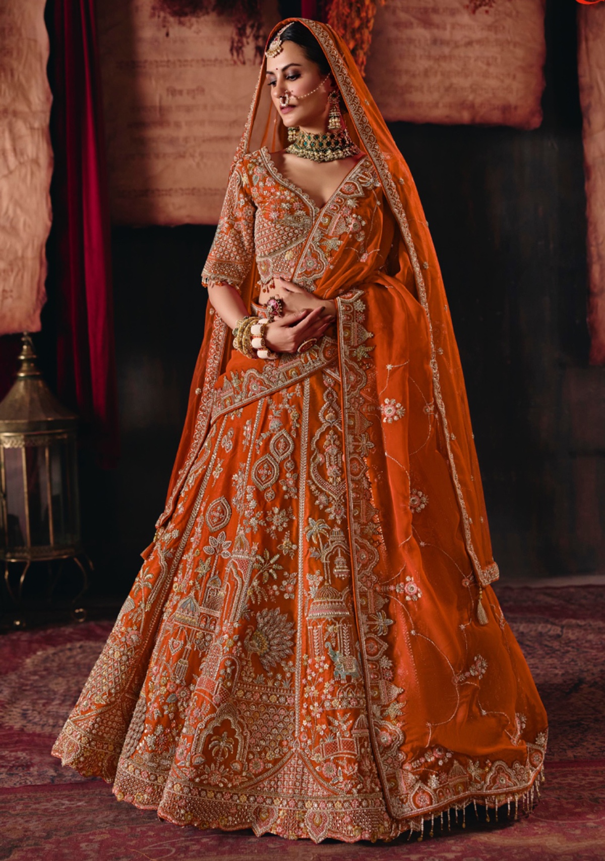 Orange Heritage Silk Flared Lehenga Choli