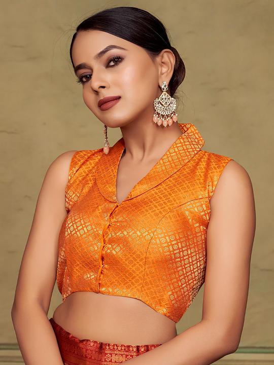 Orange Jacquard Banarasi Silk Shirt Collar Saree Blouse