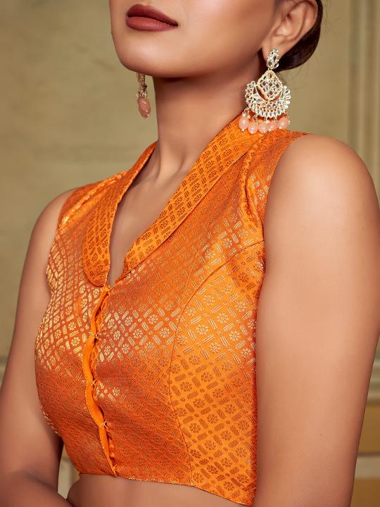Orange Jacquard Banarasi Silk Shirt Collar Saree Blouse