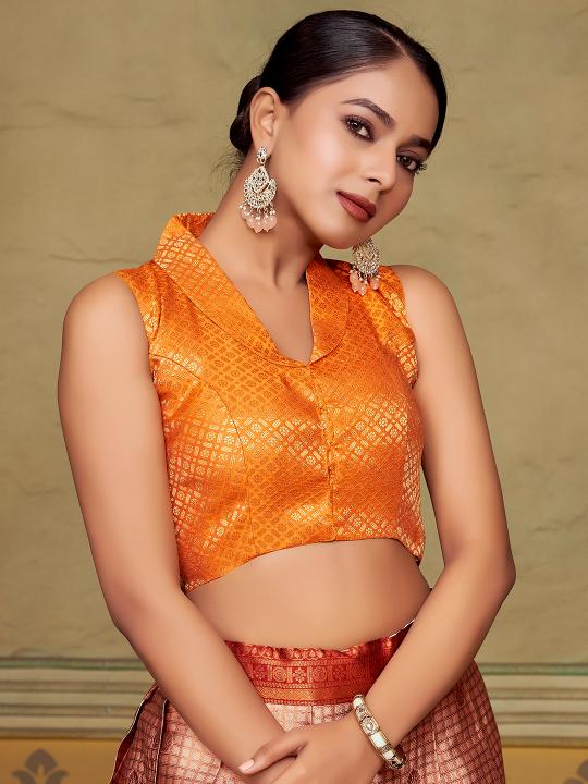 Orange Jacquard Banarasi Silk Shirt Collar Saree Blouse