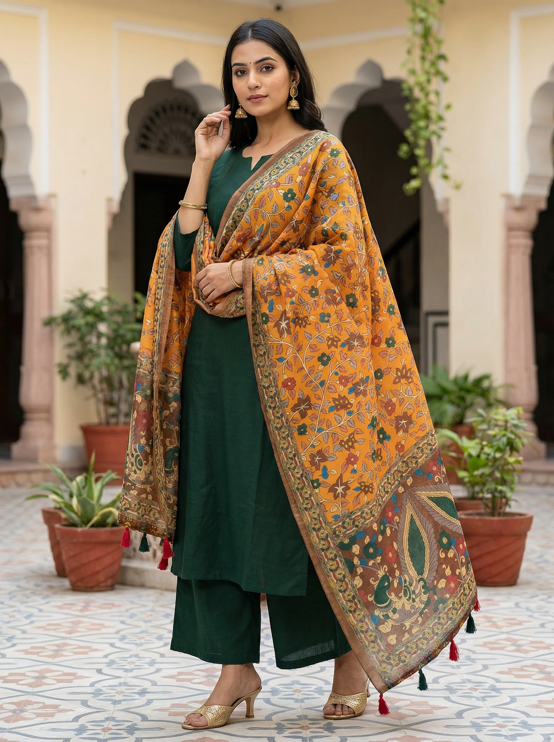 Orange Kalamkari Heritage Linen Silk Designer Dupatta