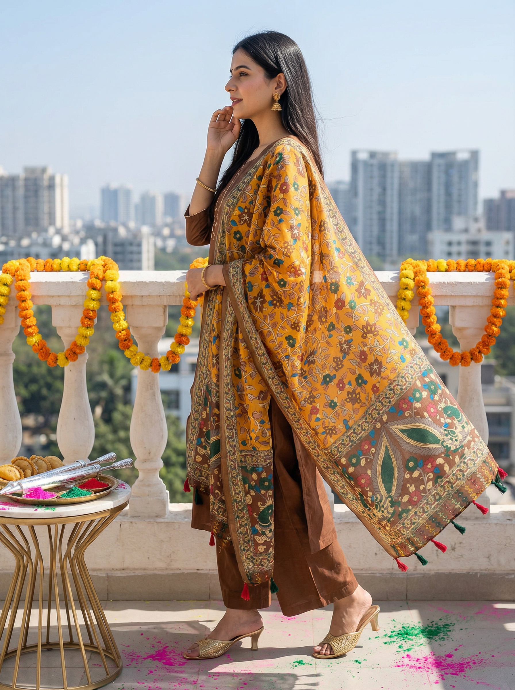 Orange Kalamkari Heritage Linen Silk Designer Dupatta — alternate view