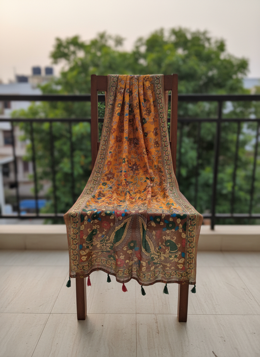 Orange Kalamkari Heritage Linen Silk Designer Dupatta