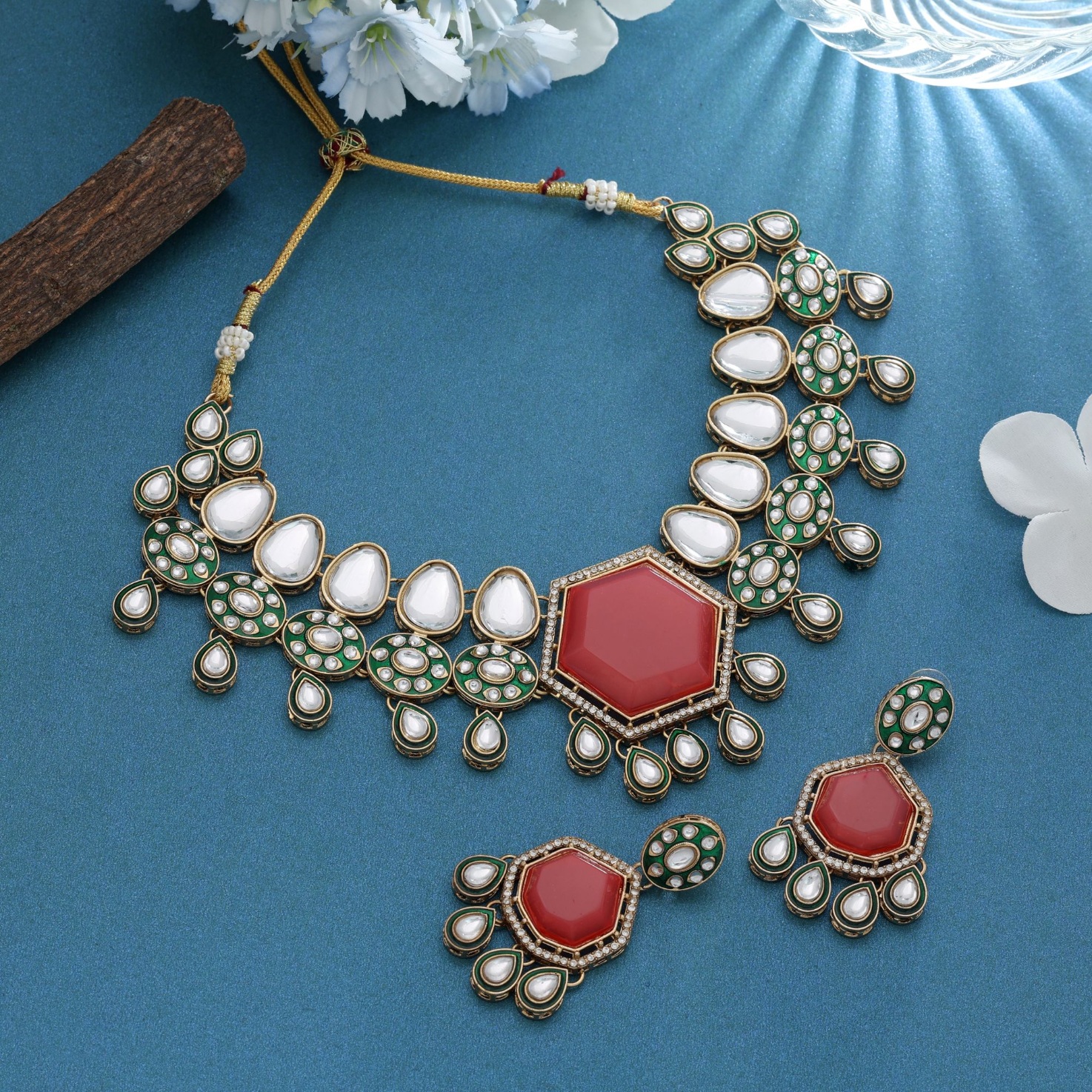 Orange Kundan Stone Classic Premium Function Wear Necklace