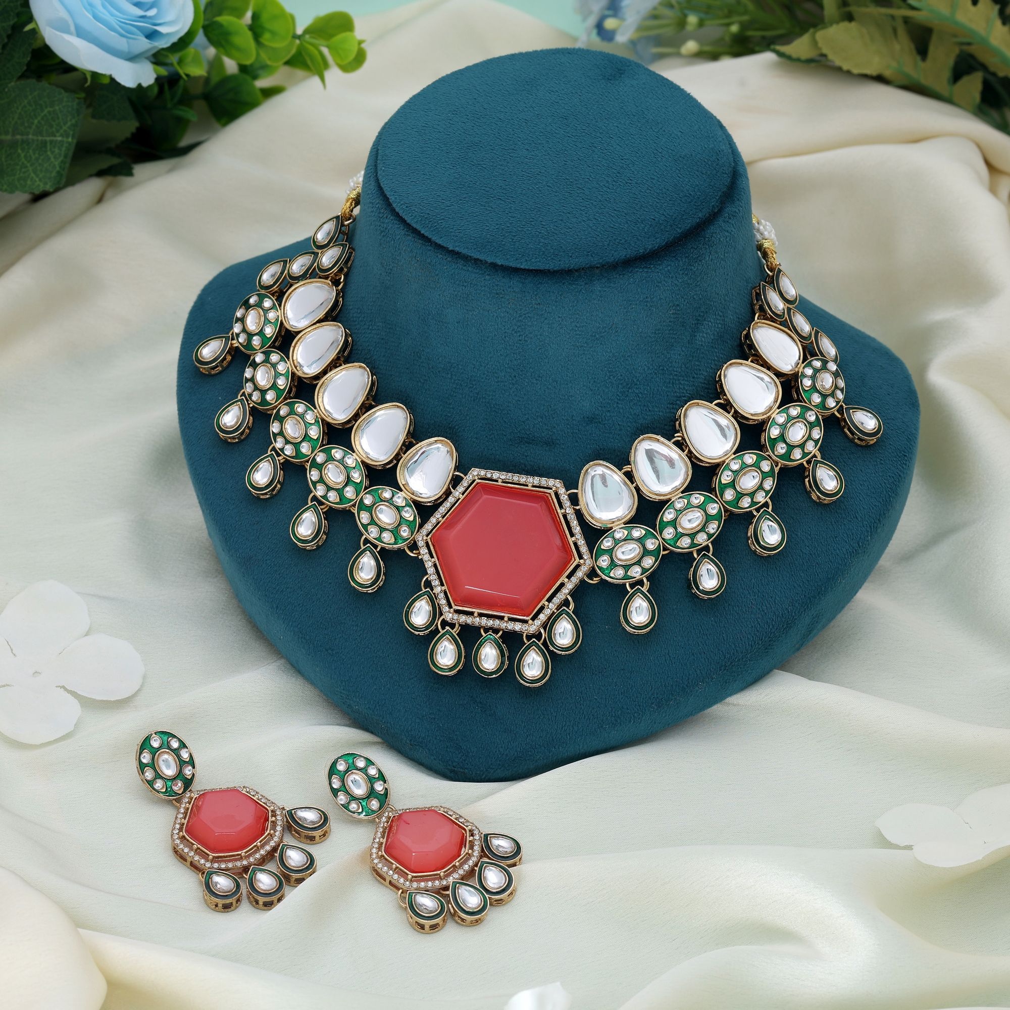 Orange Kundan Stone Classic Premium Function Wear Necklace — alternate view