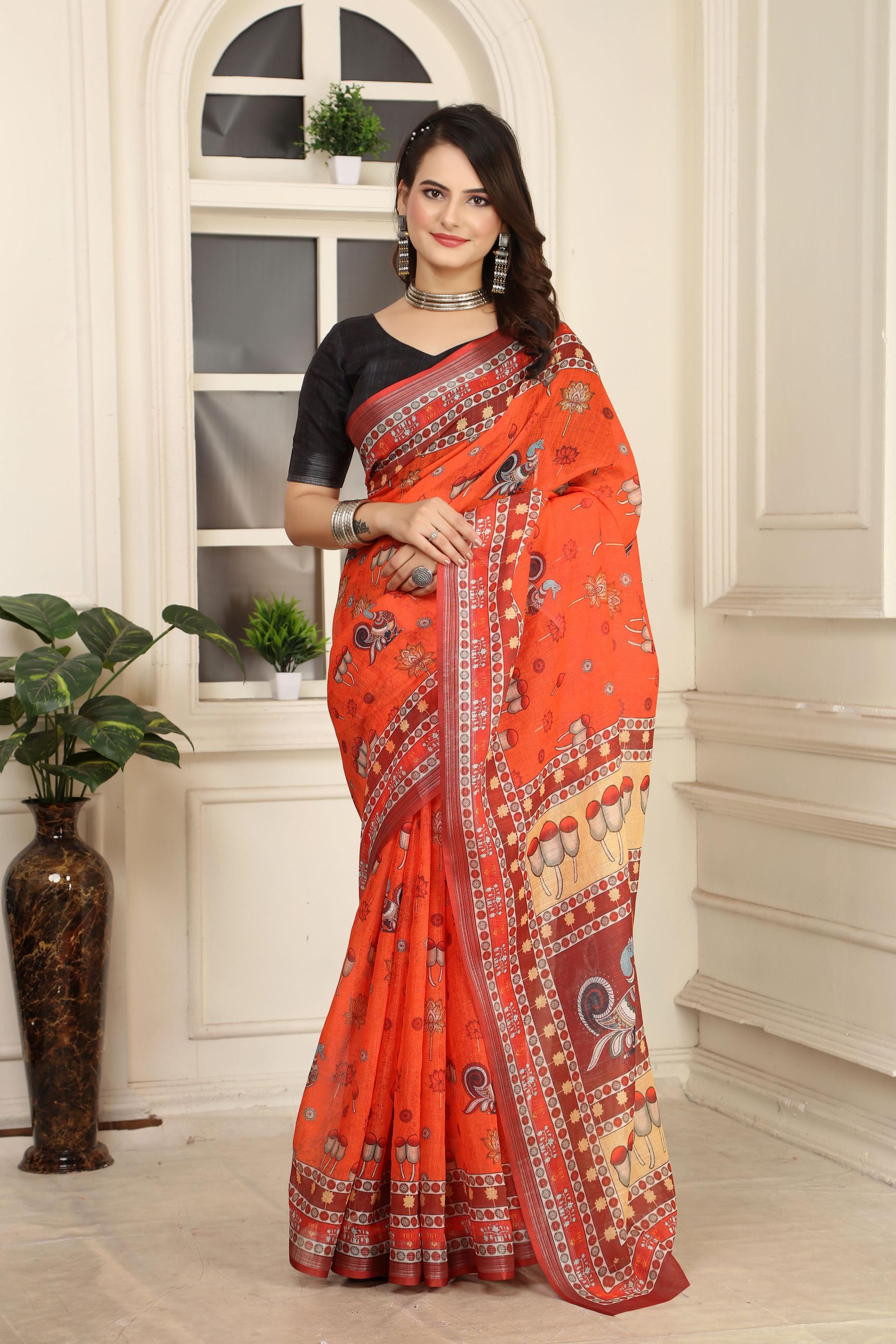 Orange Linen Cotton Saree