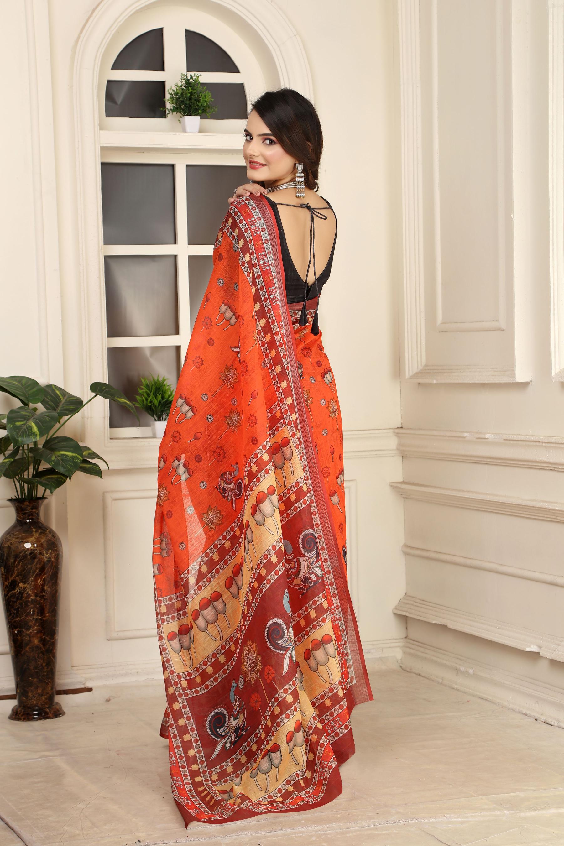 Orange Linen Cotton Saree — alternate view