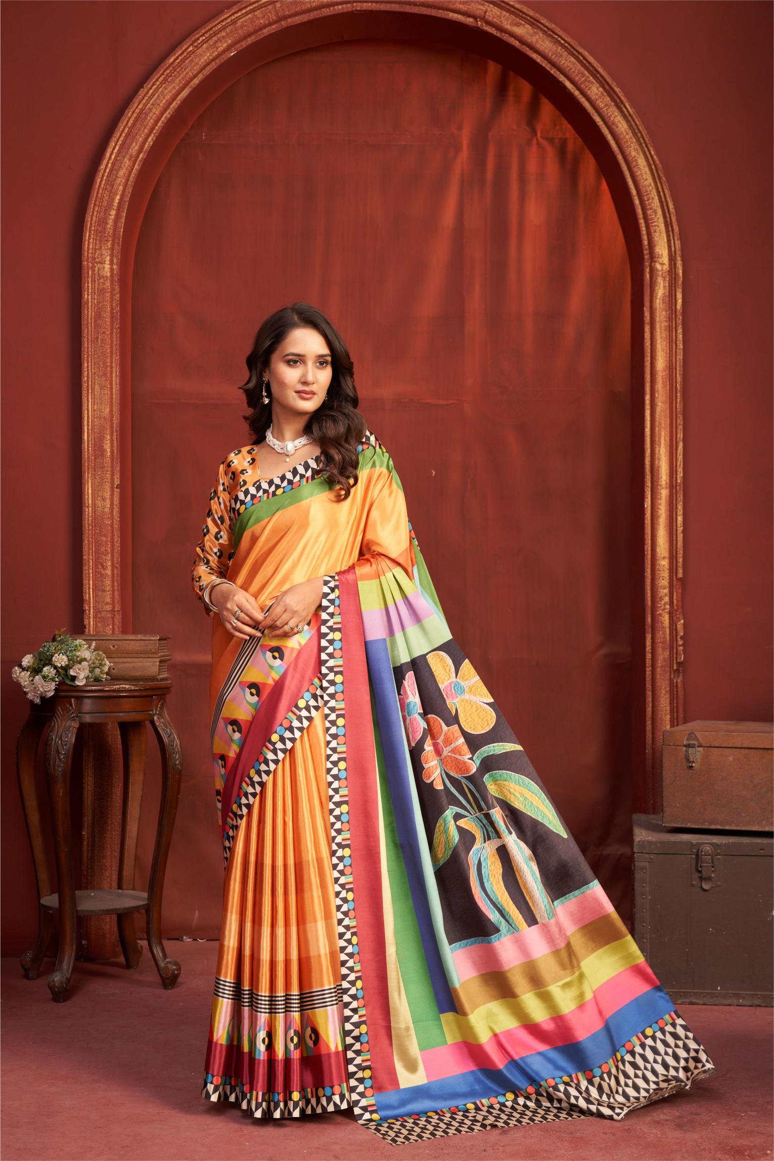 Orange Malai Crepe Silk Saree