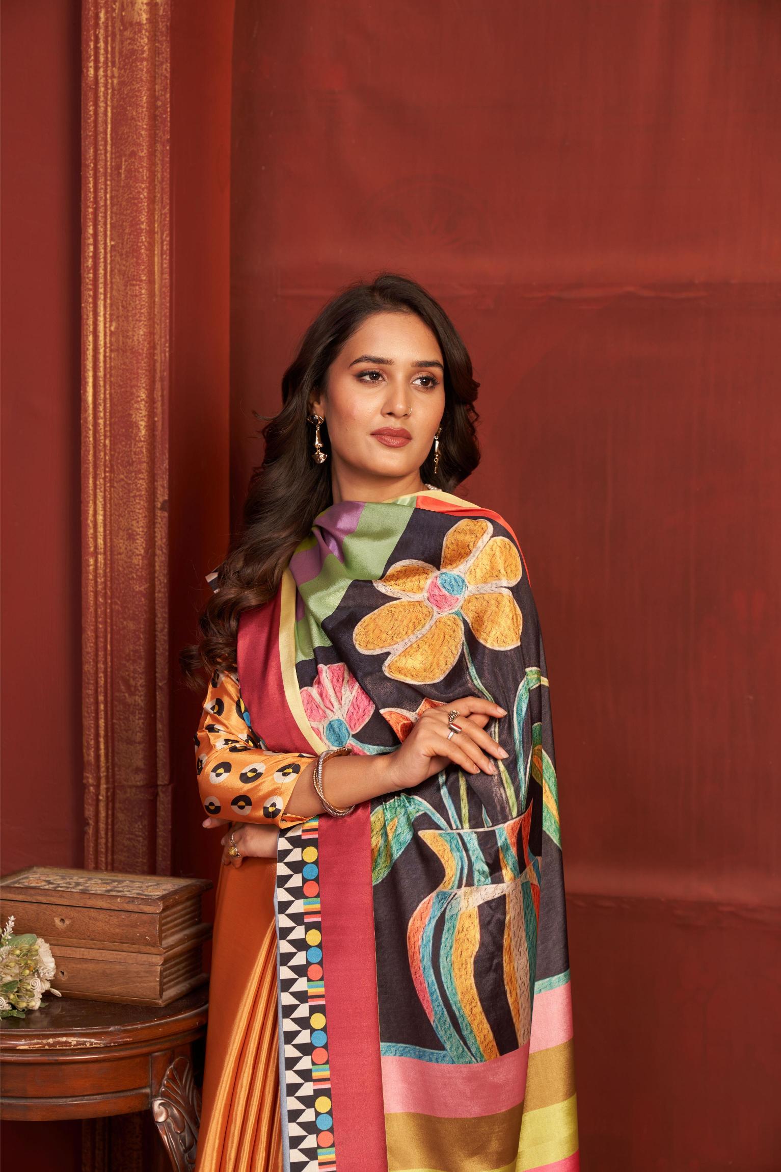 Orange Malai Crepe Silk Saree