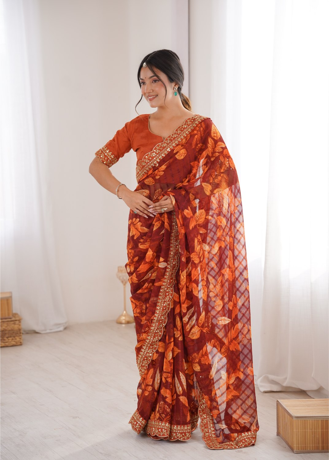 Orange Marble Patta Printed Embroidered Saree