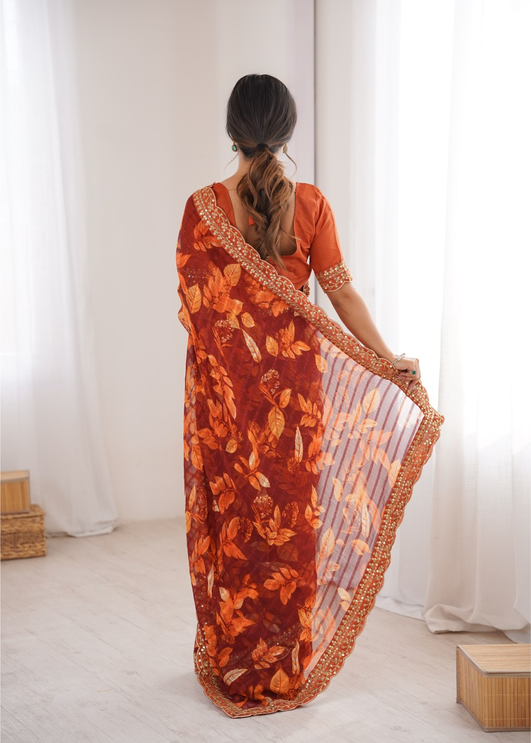 Orange Marble Patta Printed Embroidered Saree — alternate view