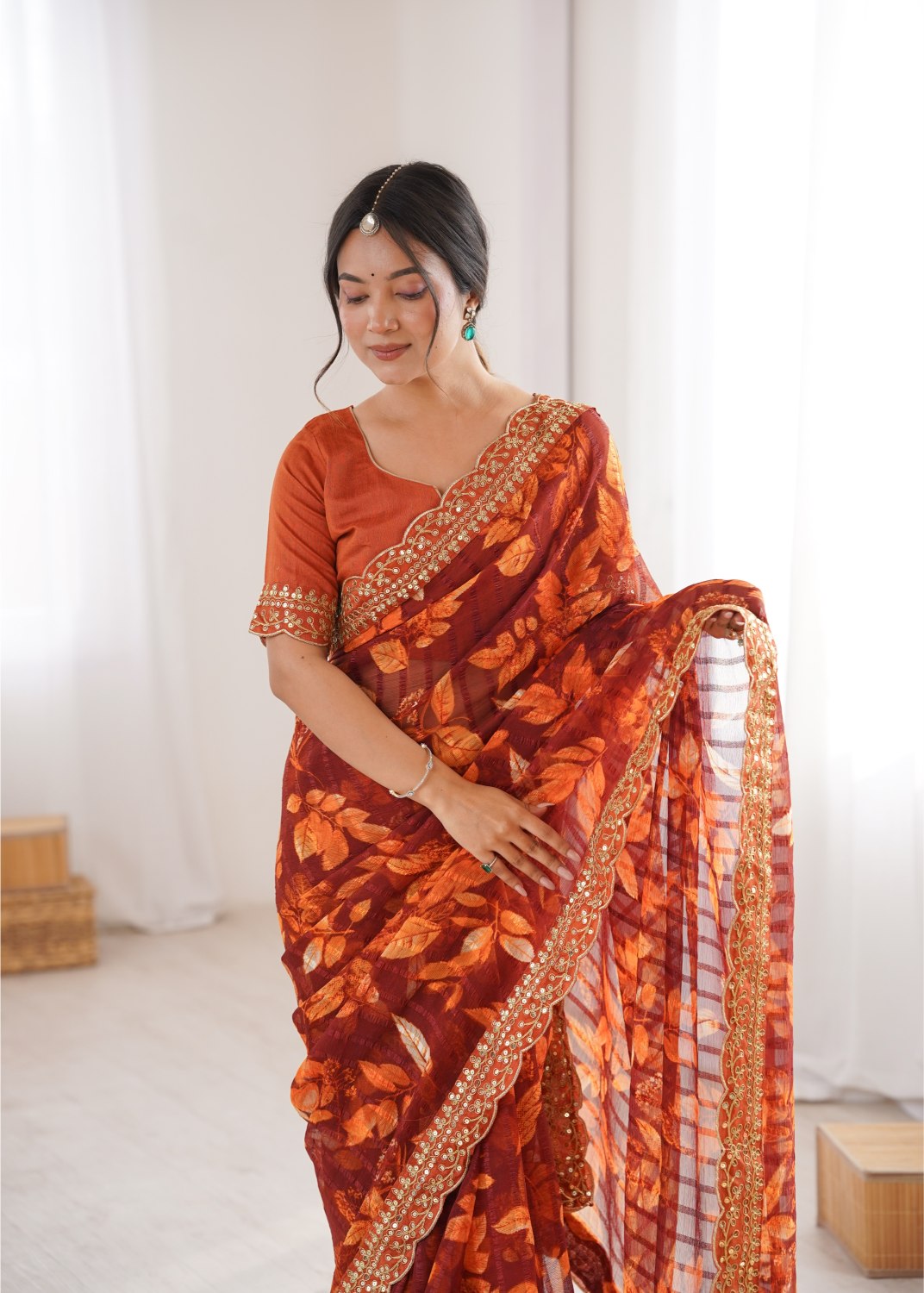 Orange Marble Patta Printed Embroidered Saree