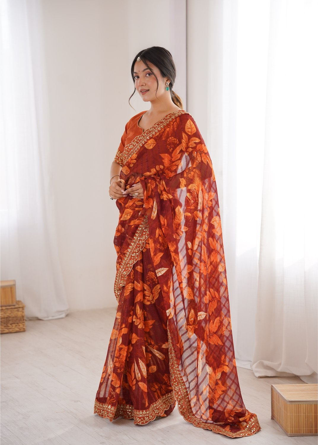 Orange Marble Patta Printed Embroidered Saree