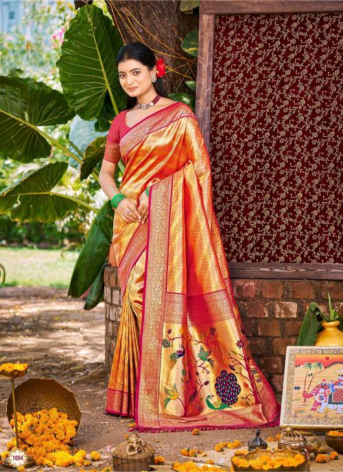 Orange Maroon Kanjivaram Silk Saree