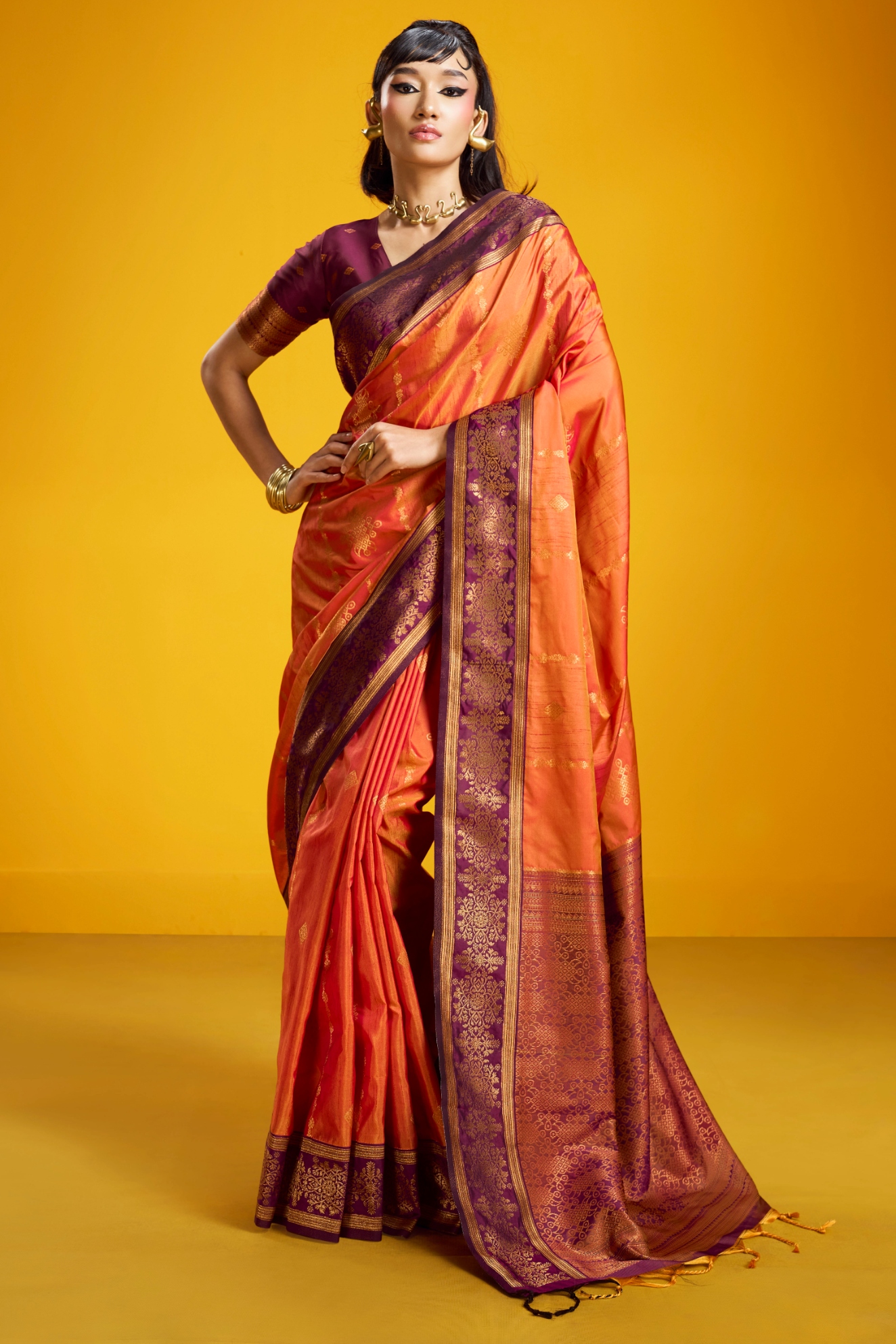 Orange Mughal Zari Pure Silk Saree
