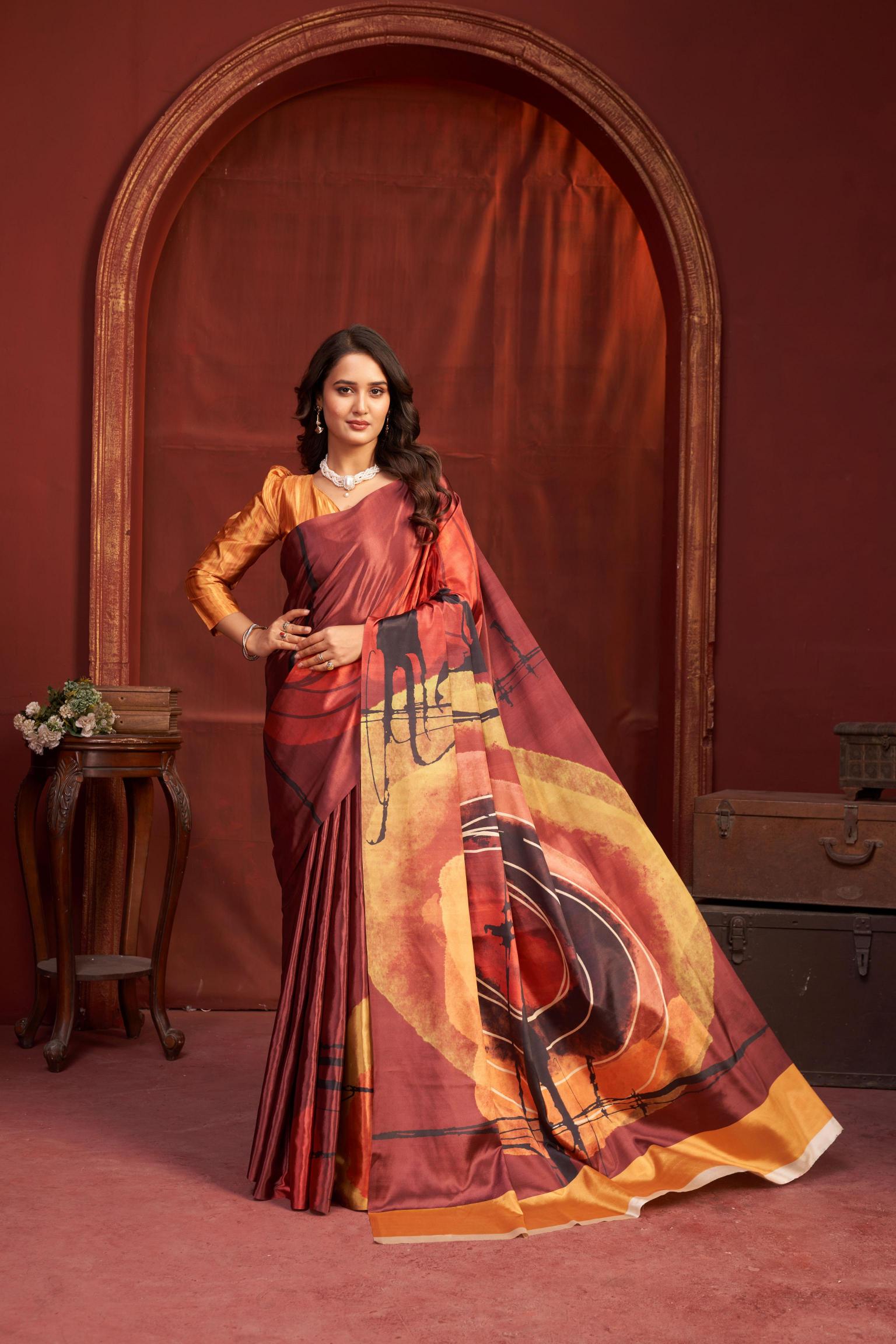 Orange Multi Malai Crepe Silk Saree